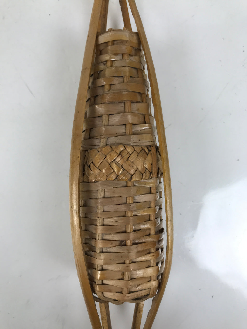 Japanese Woven Bamboo Glass Bottle Hanging Flower Vase Vtg Ikebana Kabin FK169