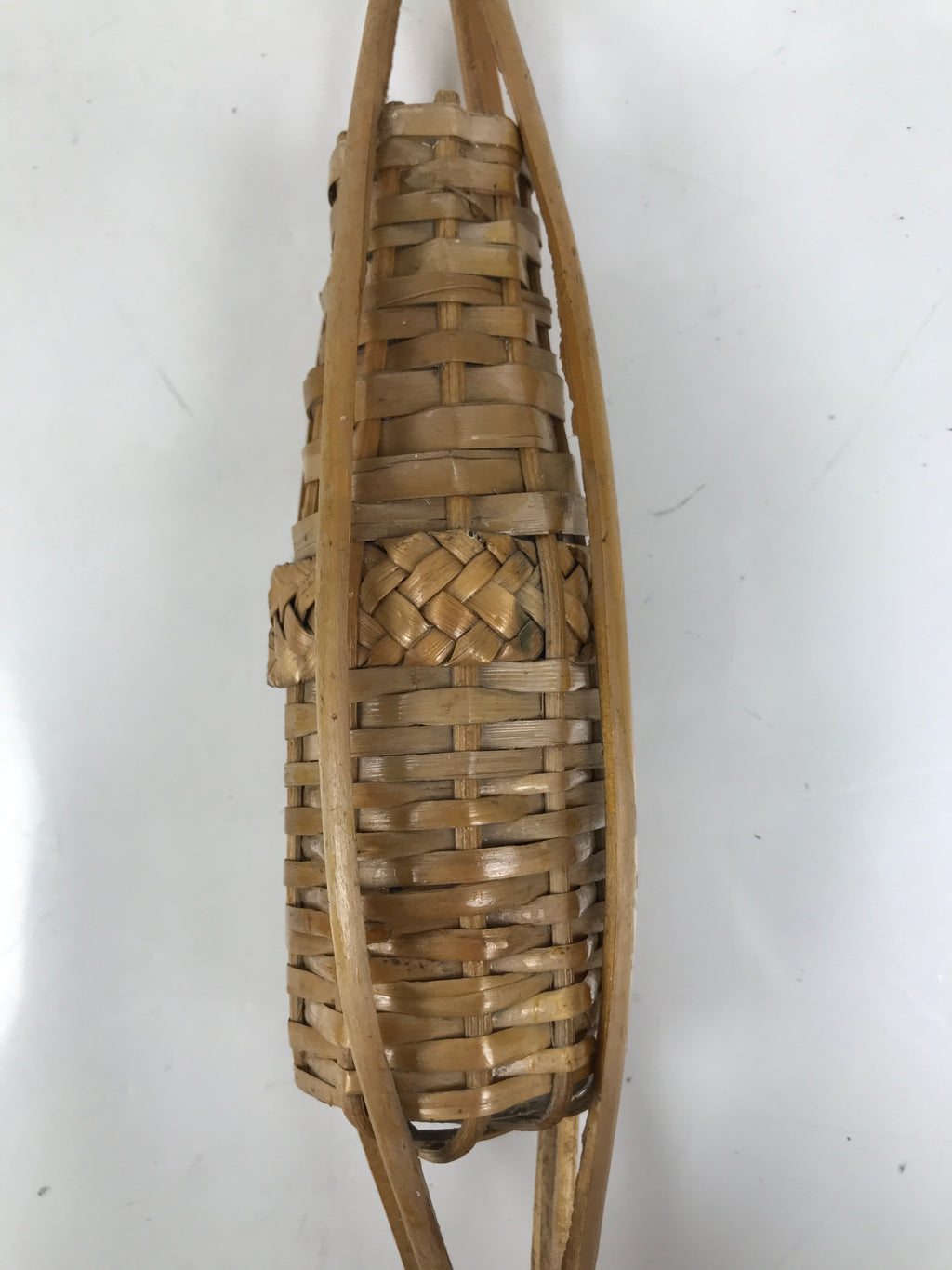 Japanese Woven Bamboo Glass Bottle Hanging Flower Vase Vtg Ikebana Kabin FK169