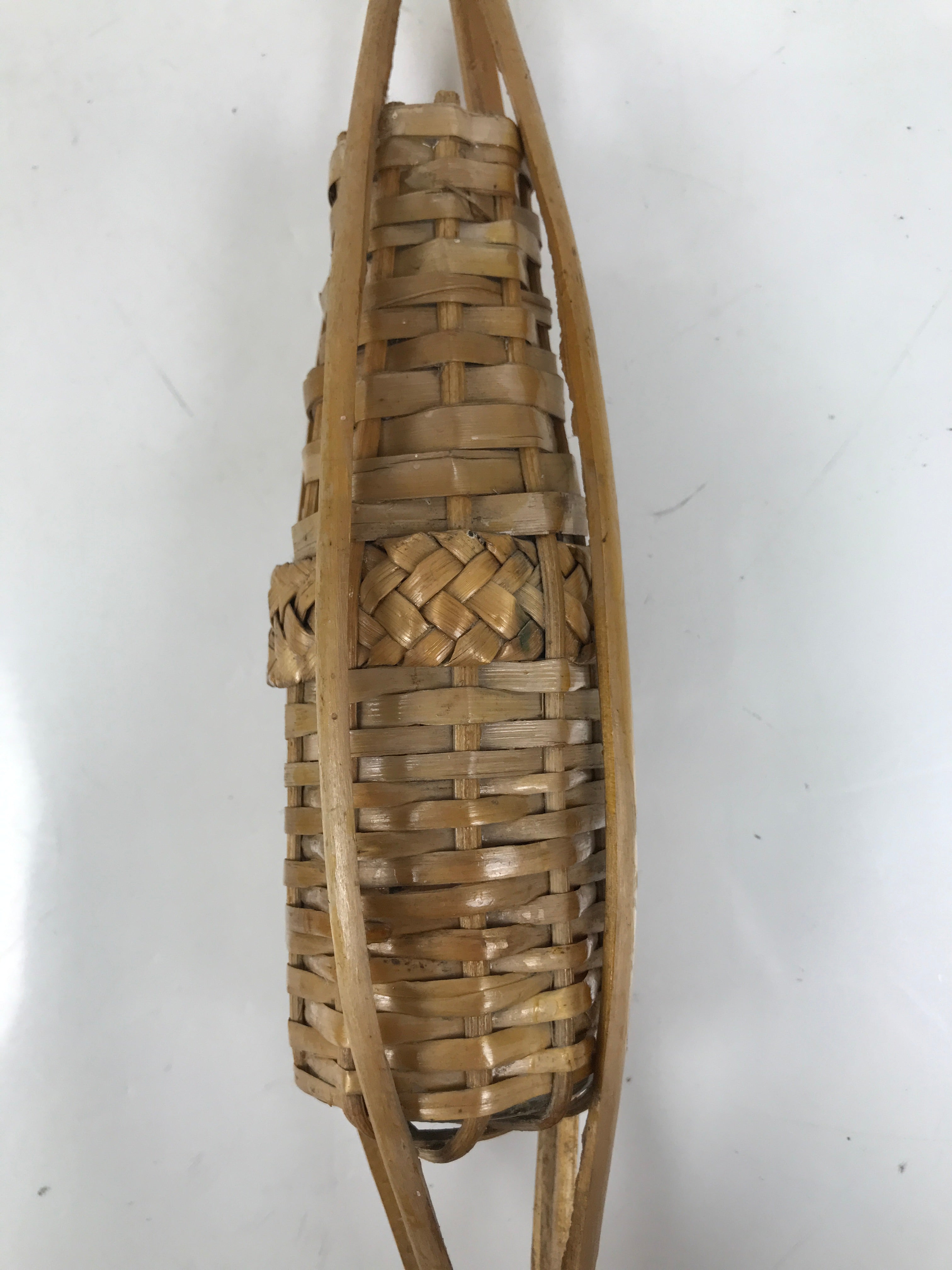 Japanese Woven Bamboo Glass Bottle Hanging Flower Vase Vtg Ikebana Kabin FK169