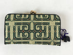 Japanese Woven Silk Wallet Vtg Ainu Pattern Gamaguchi Clasp Green Gold KB73