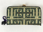 Japanese Woven Silk Wallet Vtg Ainu Pattern Gamaguchi Clasp Green Gold KB73