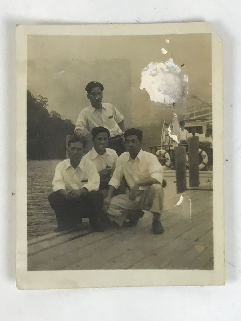 Japanese Young Men Group Photograph Vtg Boat Docks Daily Life Sepia Tone PH283