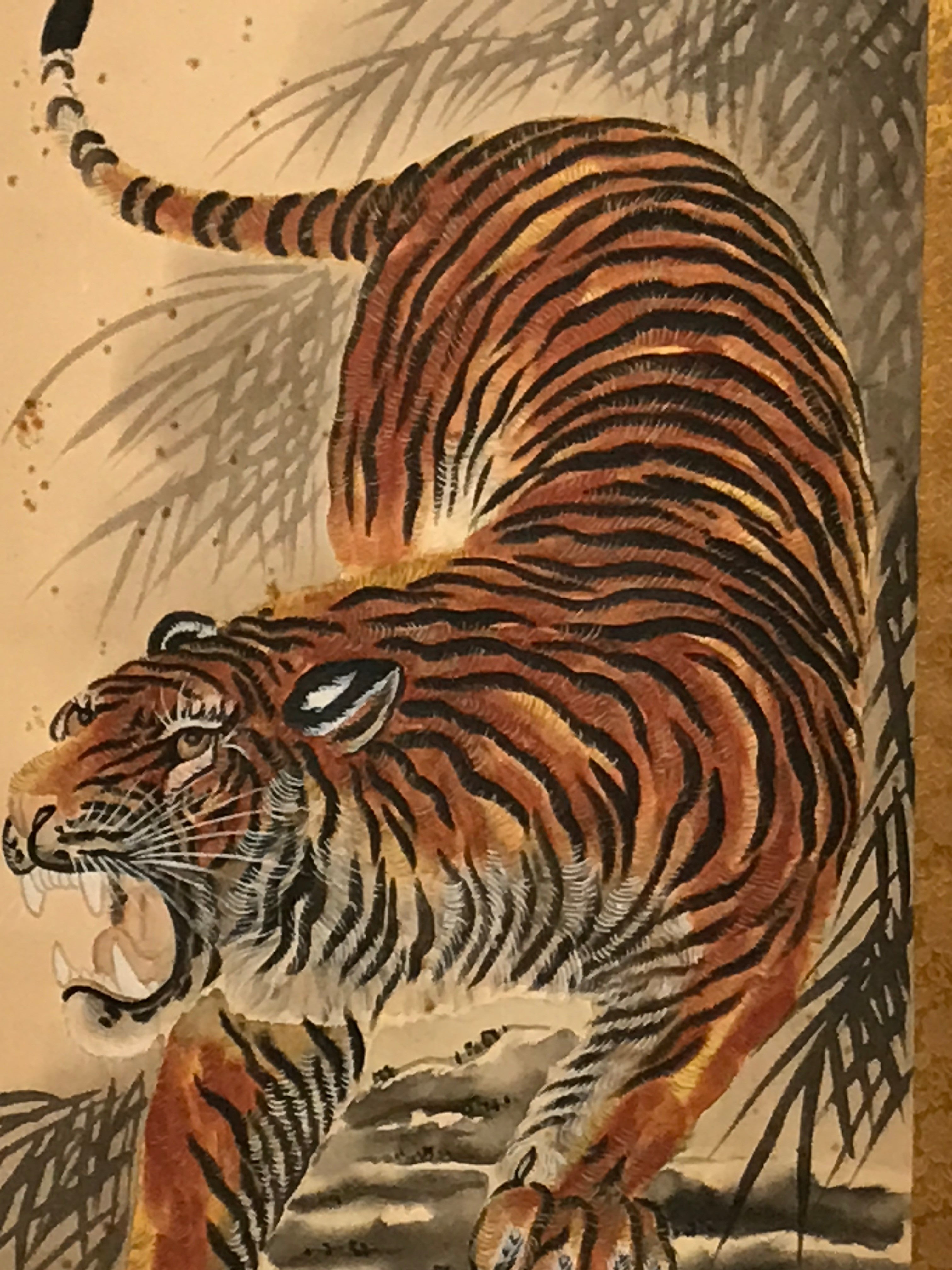 Japanese Zodiac Animal Hanging Scroll Vtg Roaring Tiger Kakejiku SC810