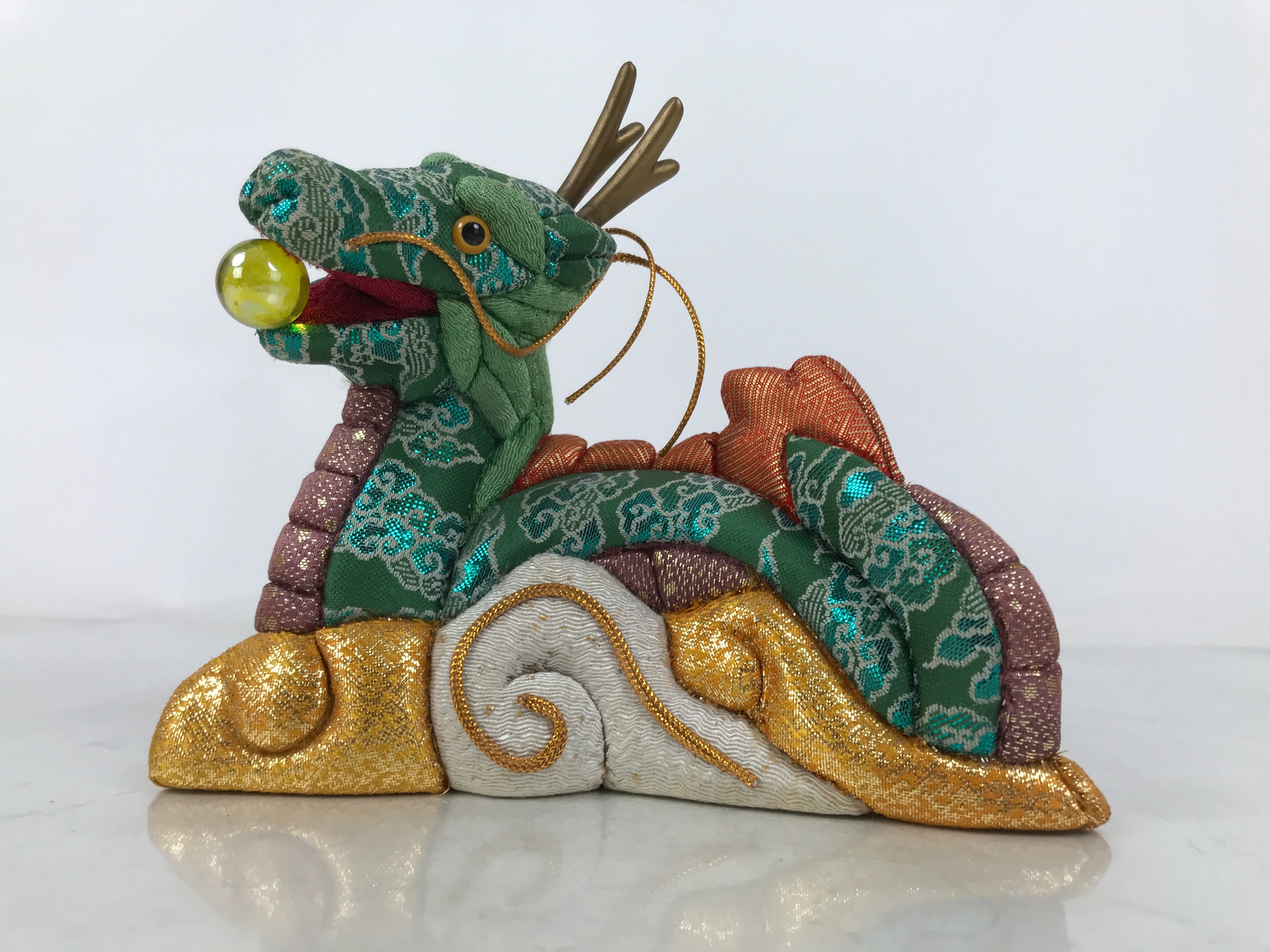 Japanese Zodiac Fabric Dragon Doll Vtg Kimekomi Ningyo Animal Green Gold Rice ST