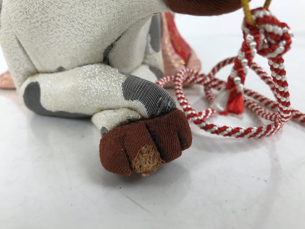 Japanese Zodiac Fabric Ox Doll Vtg Kimekomi Ningyo Animal Rice Barrel White ST26