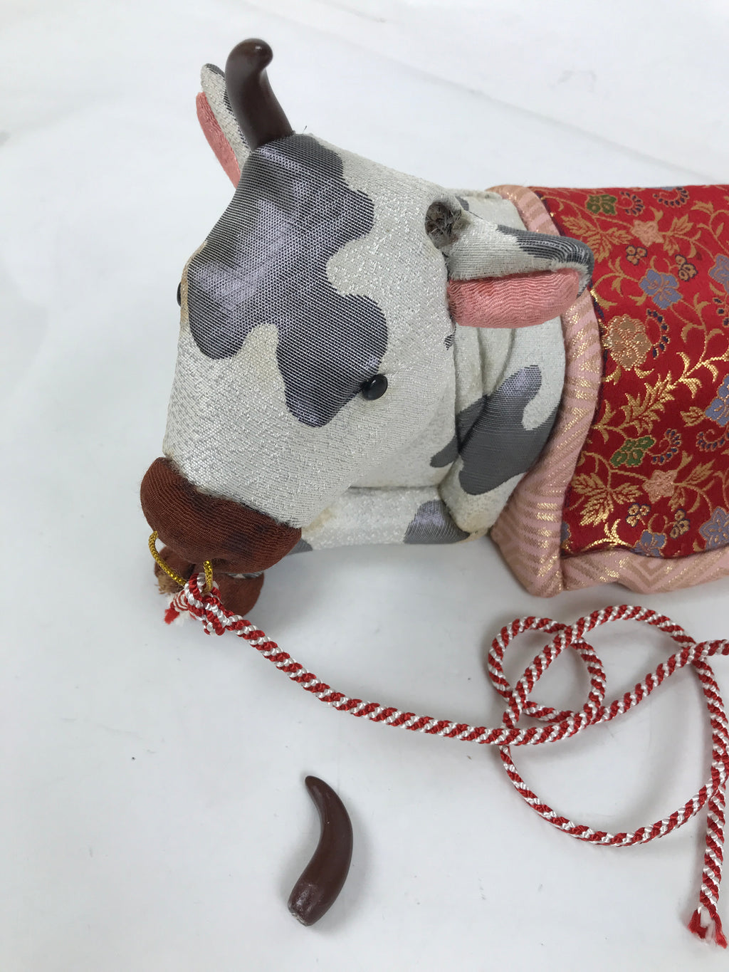 Japanese Zodiac Fabric Ox Doll Vtg Kimekomi Ningyo Animal Rice Barrel White ST26