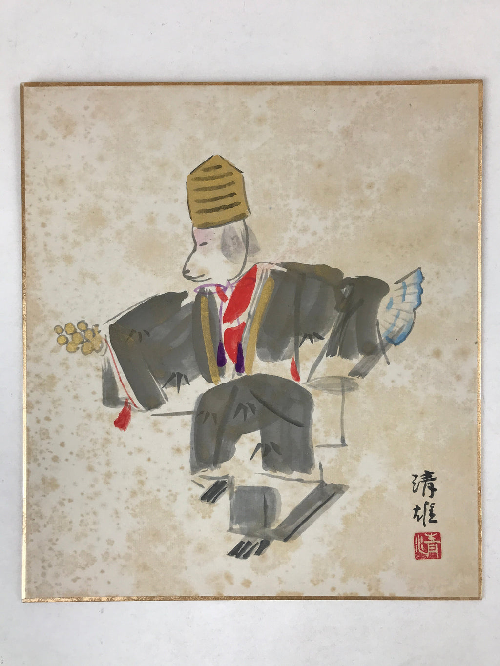 Japanese Zodiac Shikishi Art Board Painting Dog Kimono Black Red Gold A577