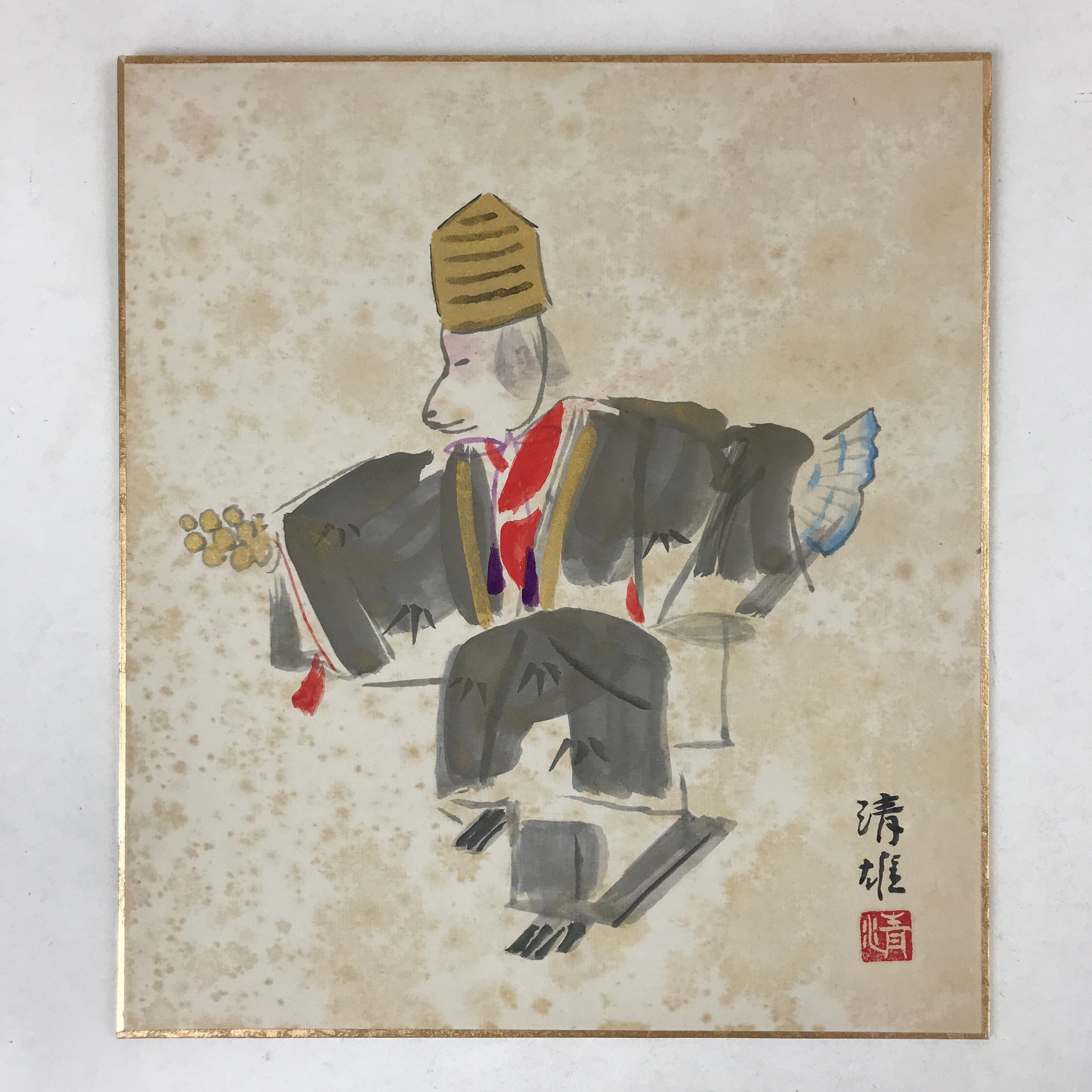 Japanese Zodiac Shikishi Art Board Painting Dog Kimono Black Red Gold A577