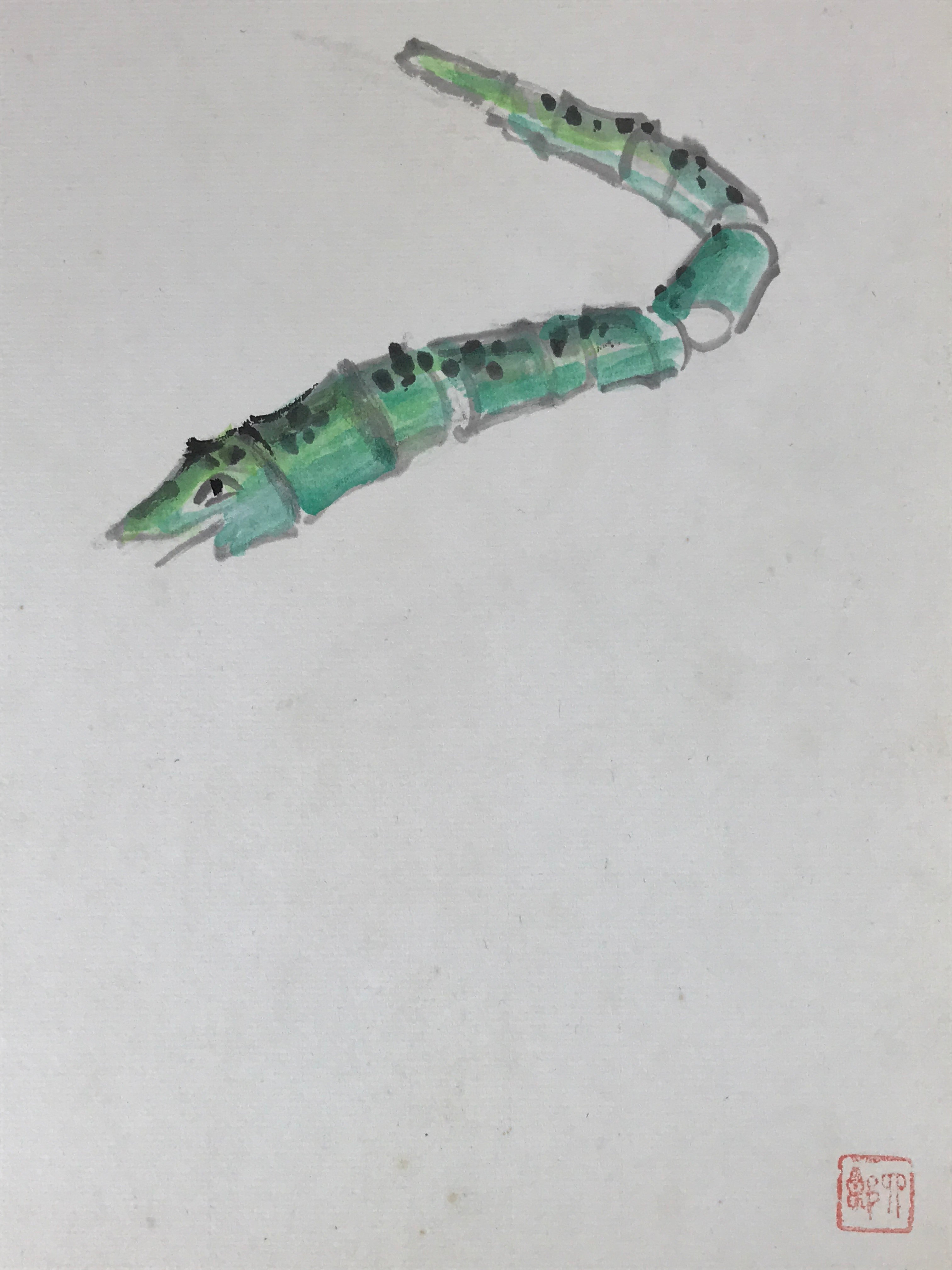 Japanese Zodiac Shikishi Art Board Painting Flying Snake Green A574