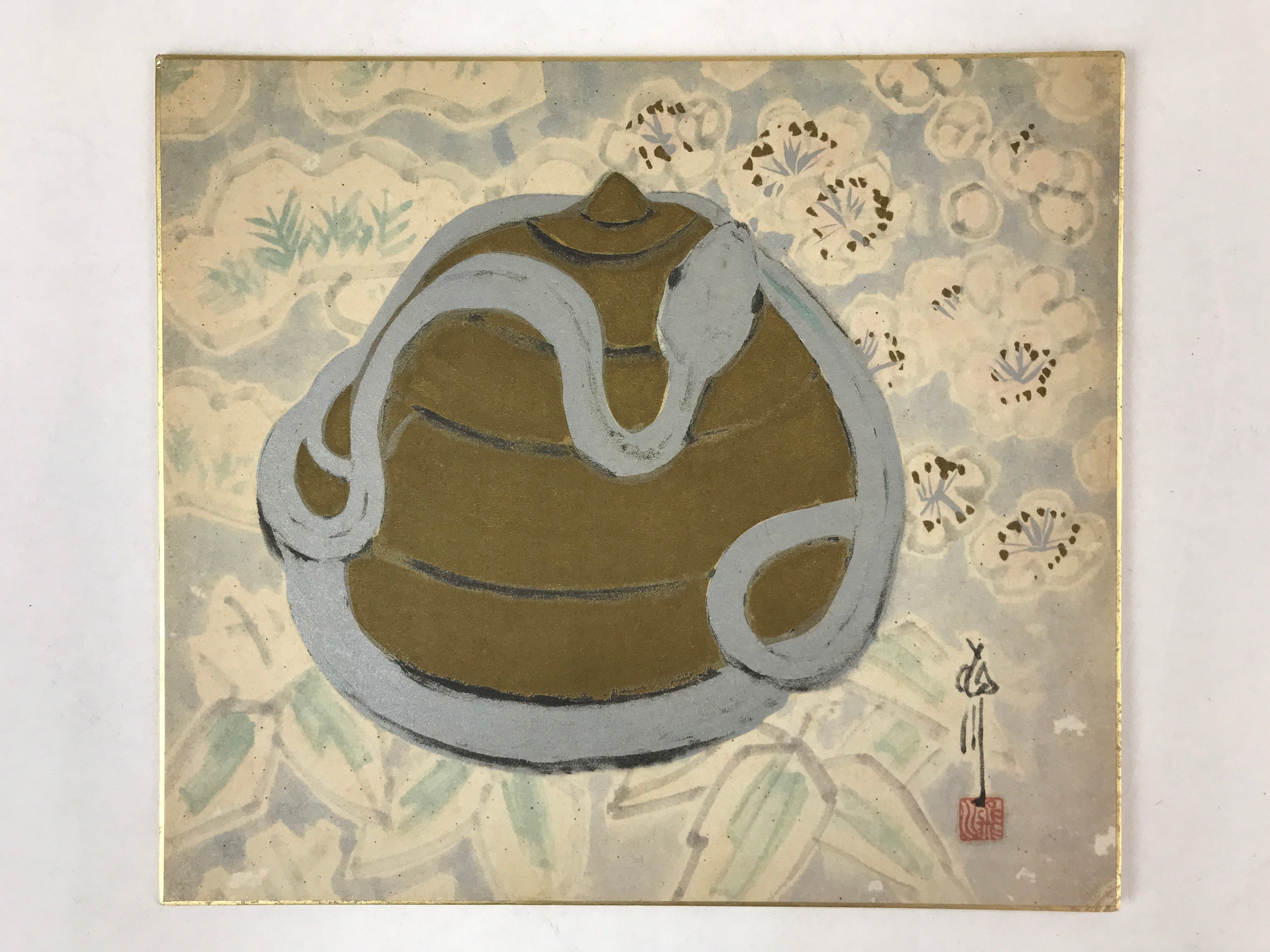 Japanese Zodiac Shikishi Art Board Painting Snake Gold Silver Floral A589