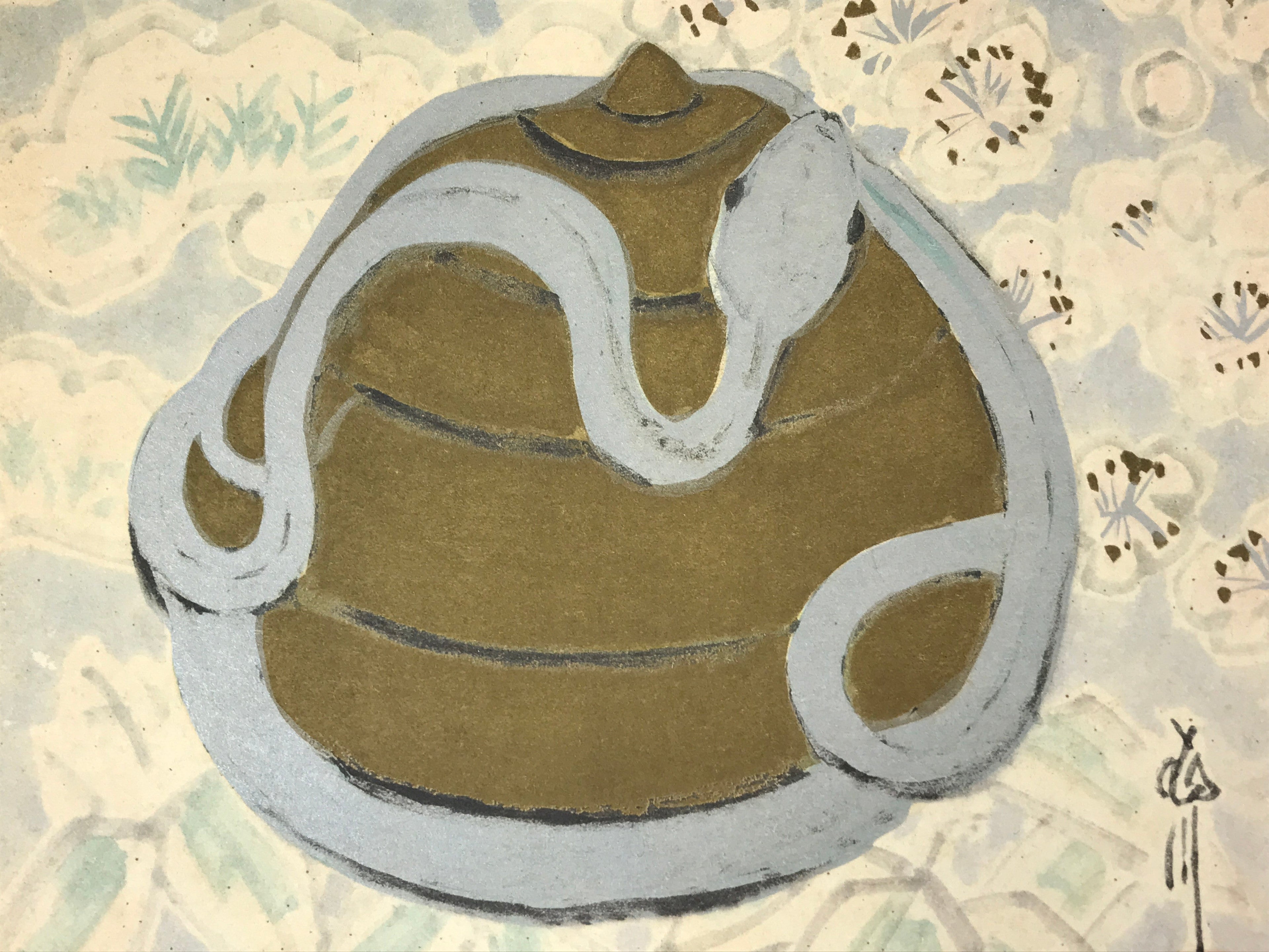 Japanese Zodiac Shikishi Art Board Painting Snake Gold Silver Floral A589