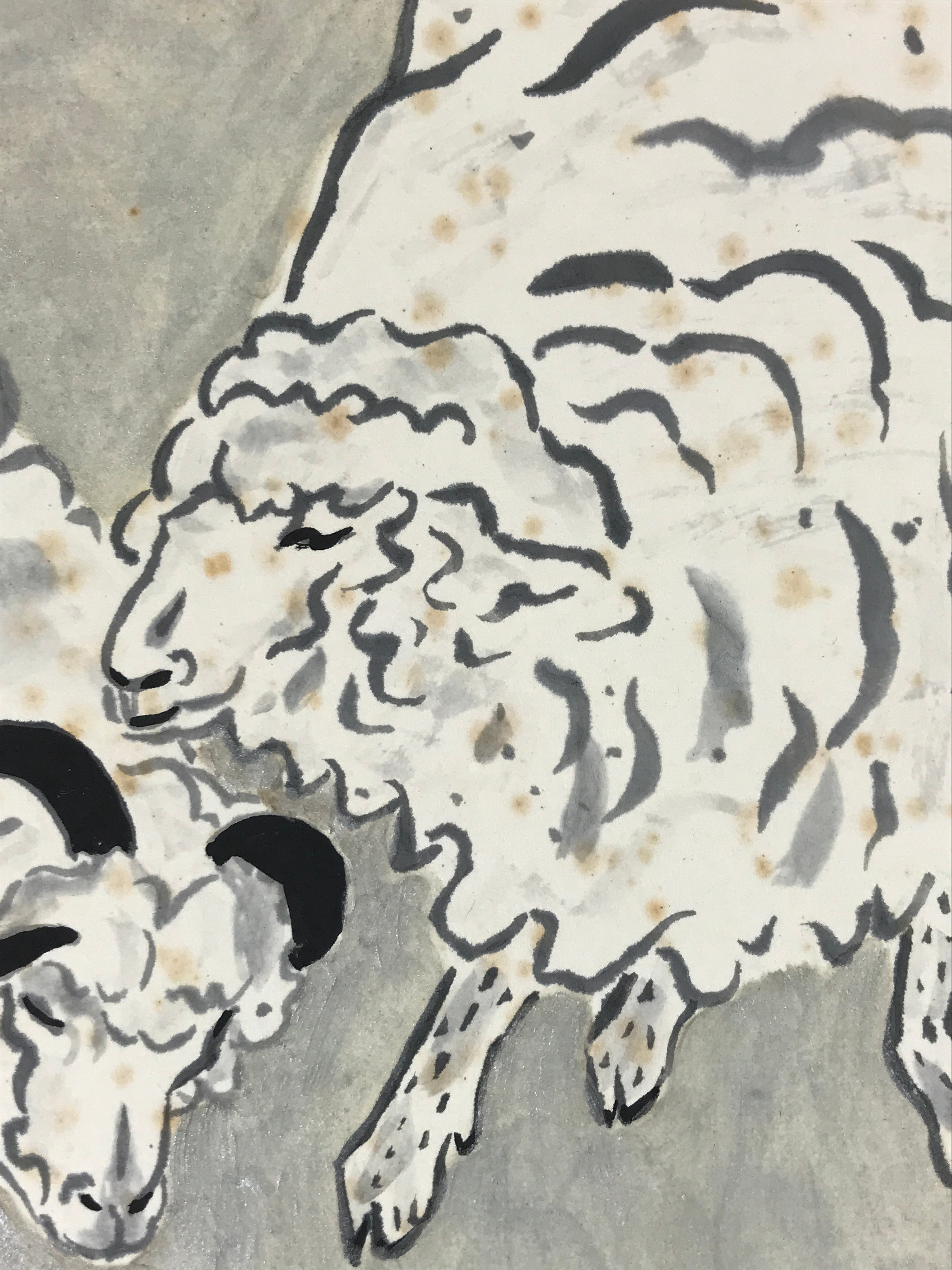 Japanese Zodiac Shikishi Art Board Painting Two Sheeps Realistic Silver A580