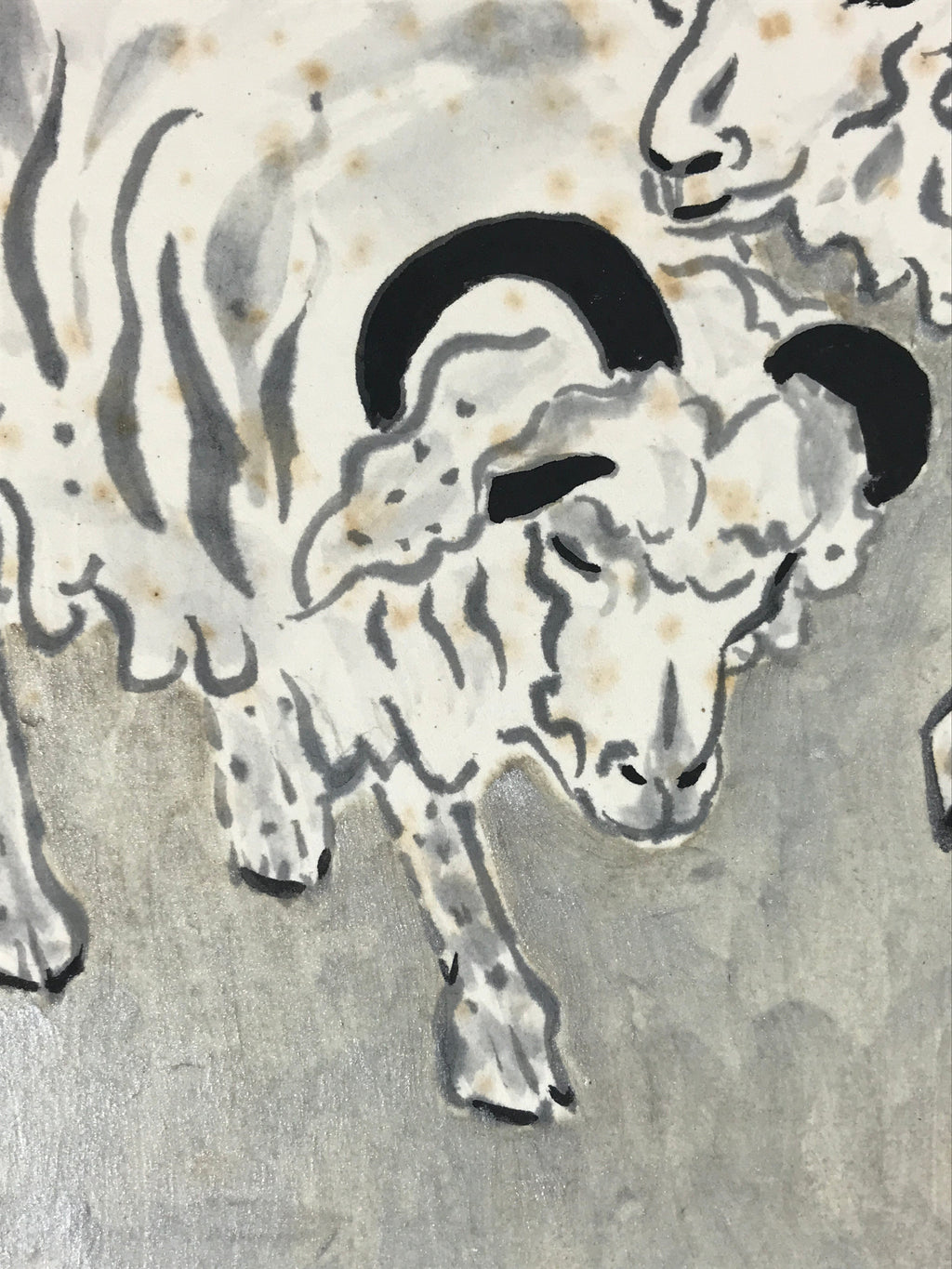 Japanese Zodiac Shikishi Art Board Painting Two Sheeps Realistic Silver A580