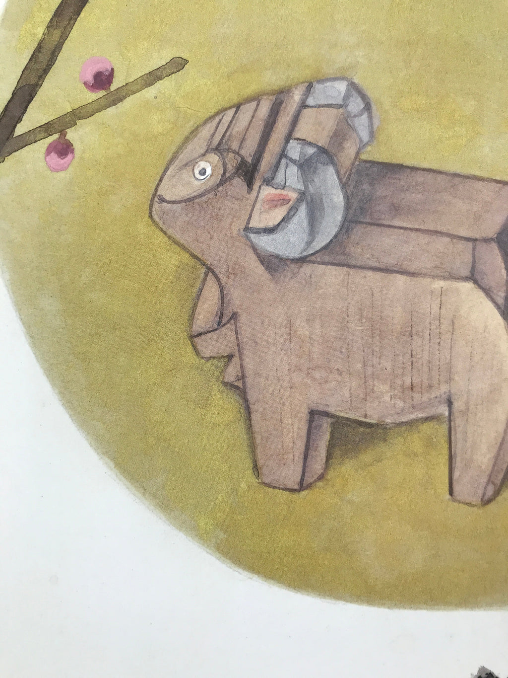 Japanese Zodiac Shikishi Art Board Painting Vtg Carved Wooden Sheep Plum A657