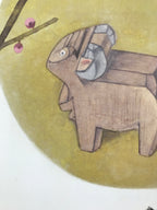 Japanese Zodiac Shikishi Art Board Painting Vtg Carved Wooden Sheep Plum A657