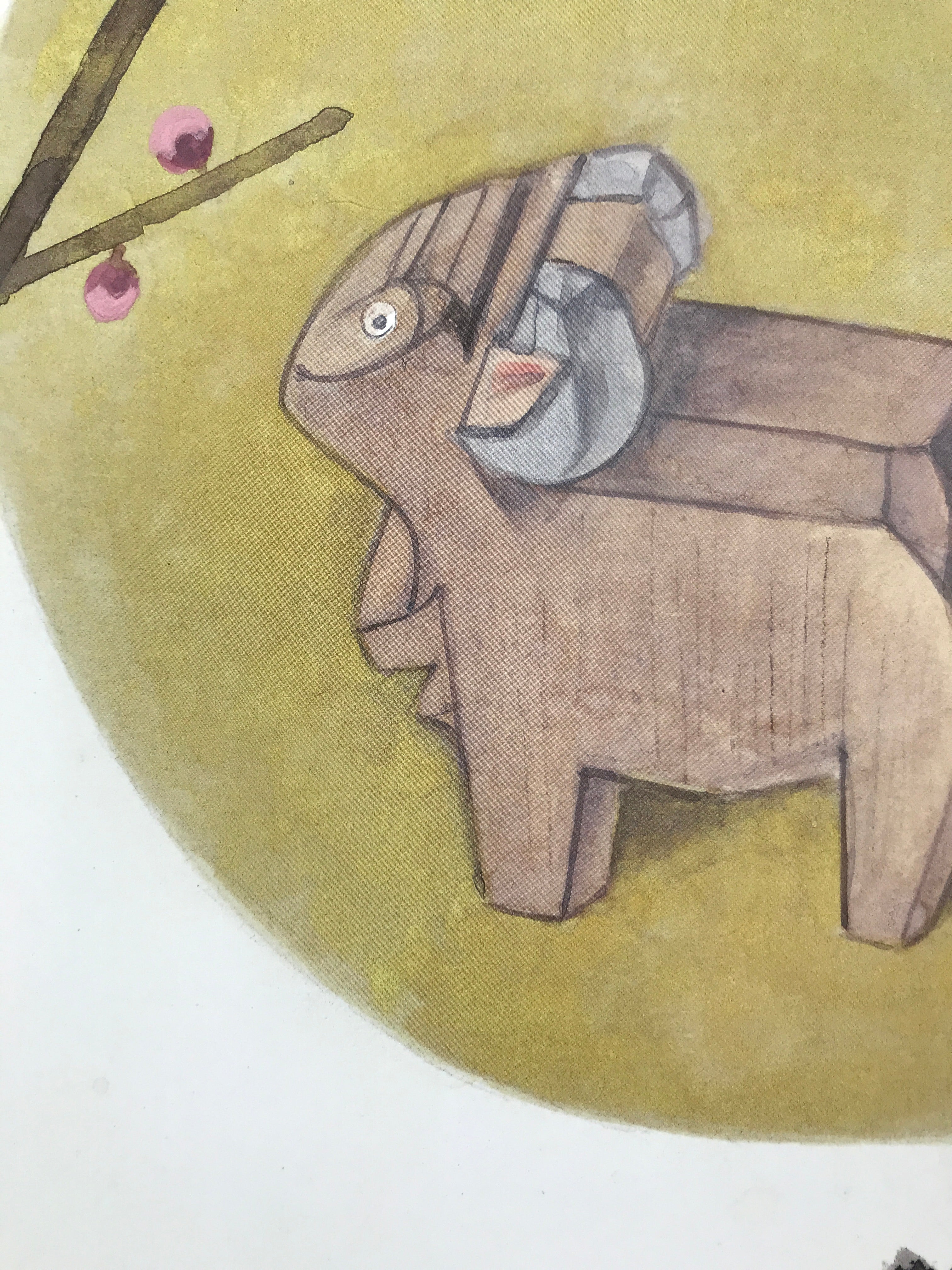 Japanese Zodiac Shikishi Art Board Painting Vtg Carved Wooden Sheep Plum A657