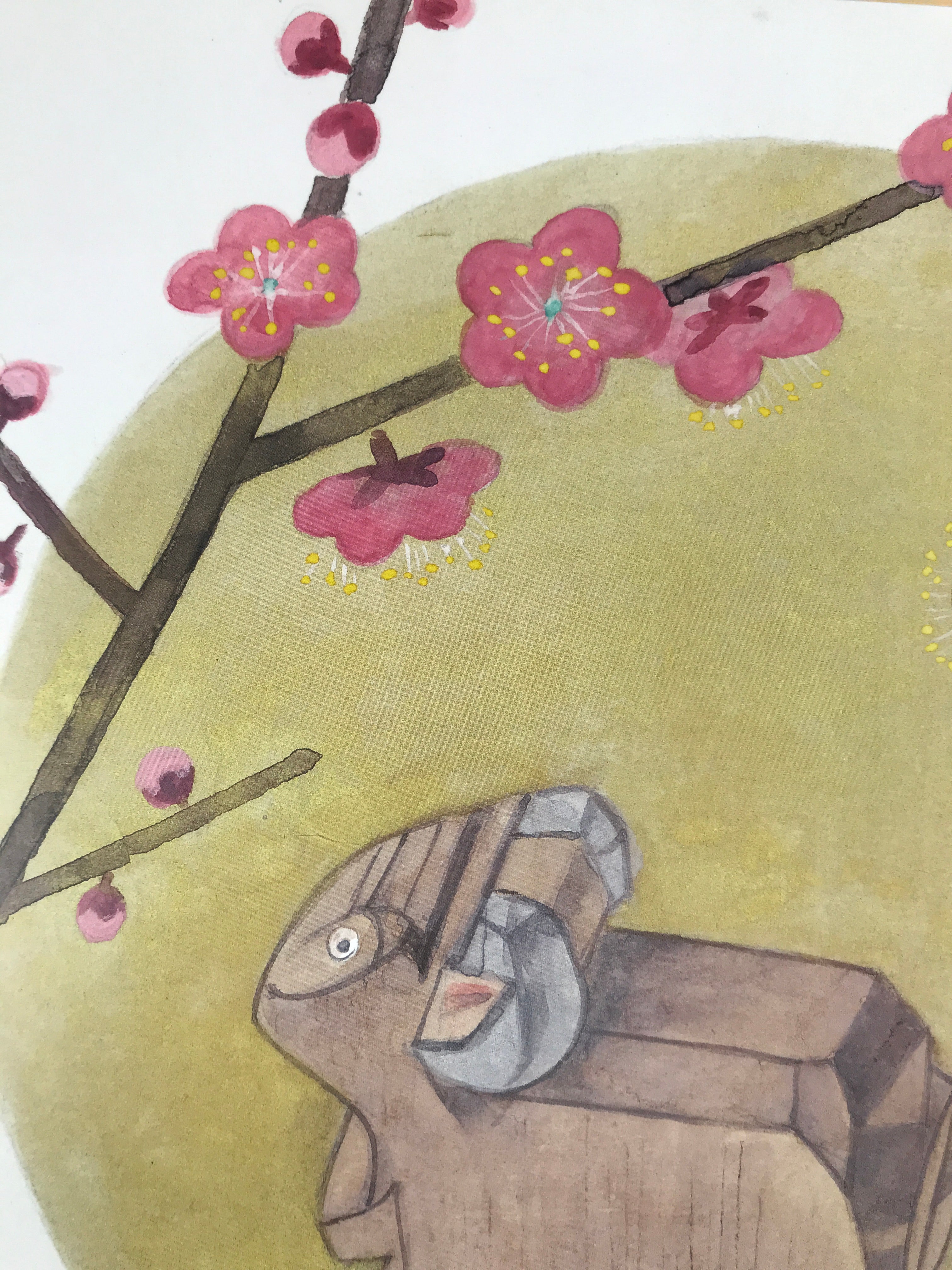 Japanese Zodiac Shikishi Art Board Painting Vtg Carved Wooden Sheep Plum A657