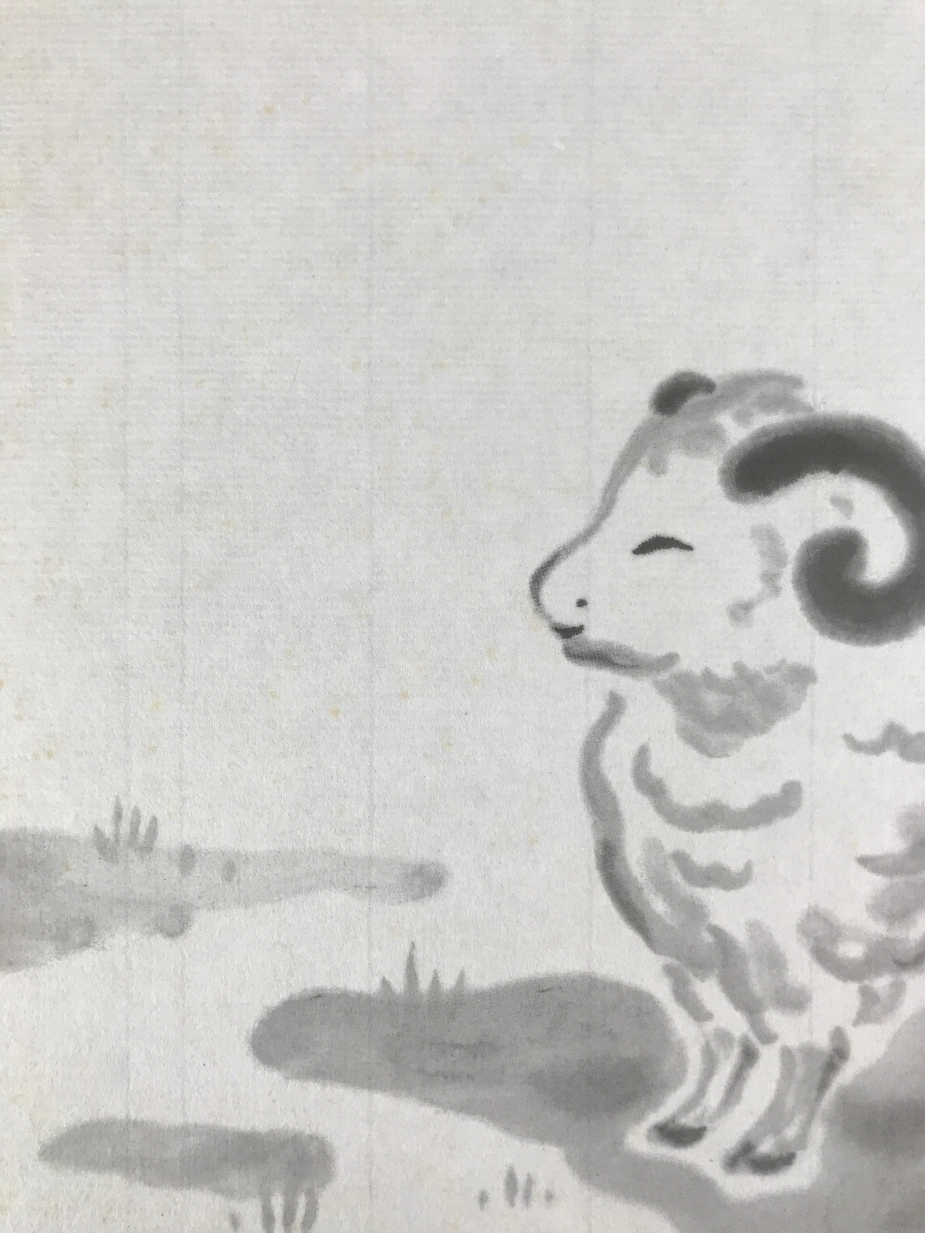 Japanese Zodiac Shikishi Art Board Painting Vtg Sheep Lamb Black Kanji A664