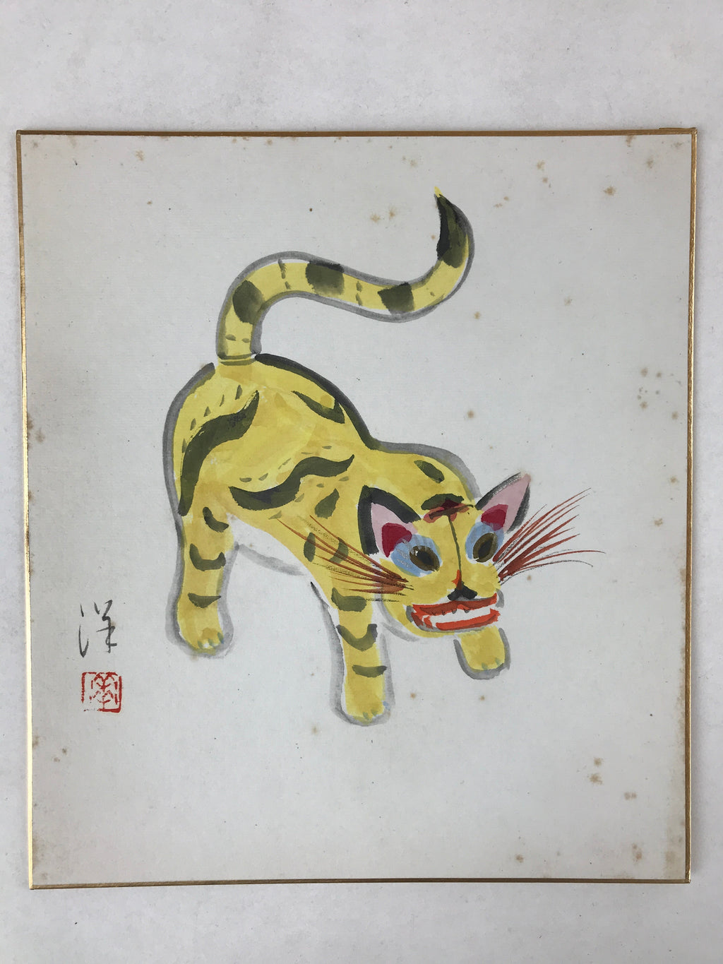 Japanese Zodiac Shikishi Art Board Painting Yellow Tiger Blue Eyes Tail Up A603
