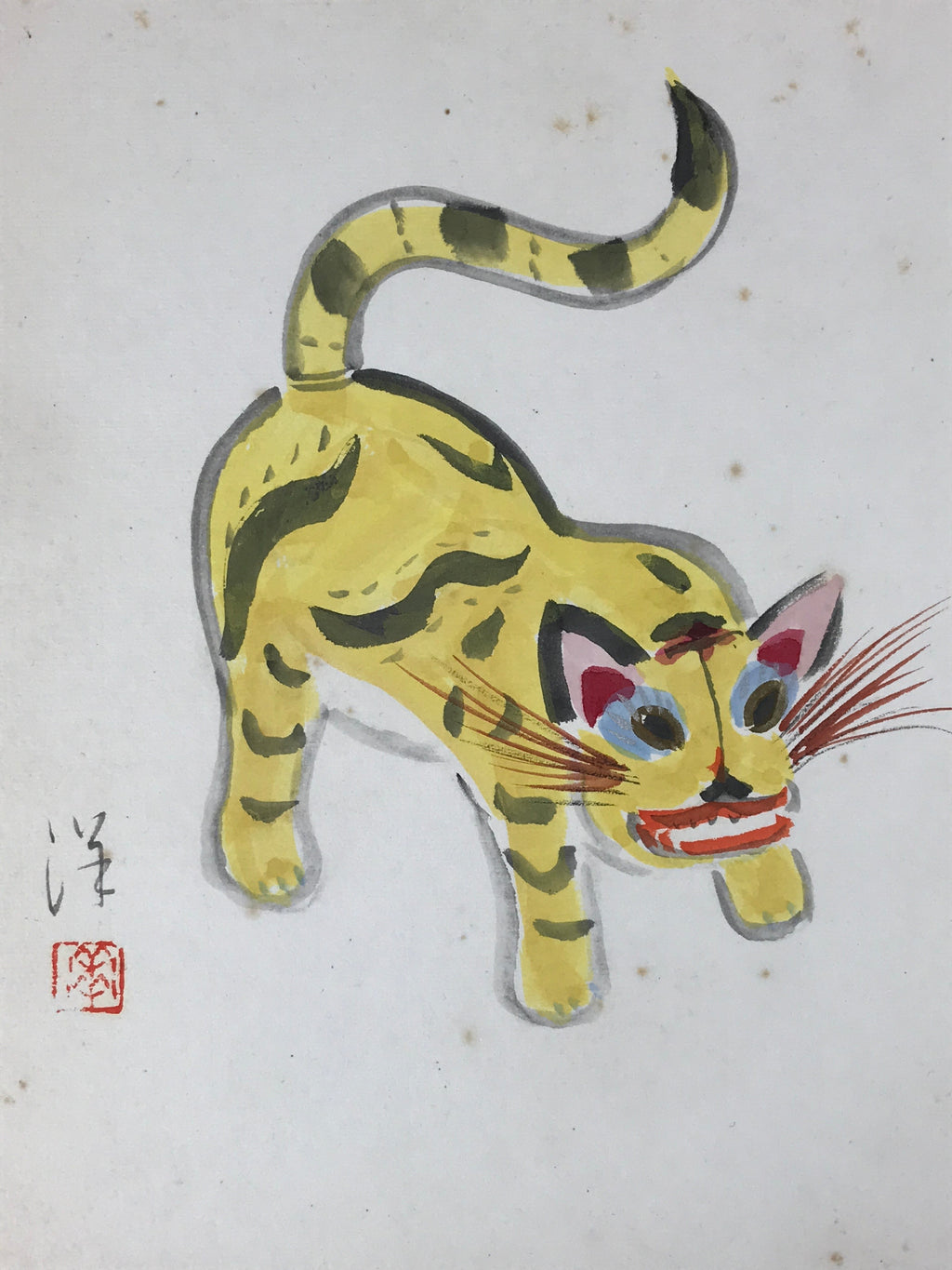 Japanese Zodiac Shikishi Art Board Painting Yellow Tiger Blue Eyes Tail Up A603