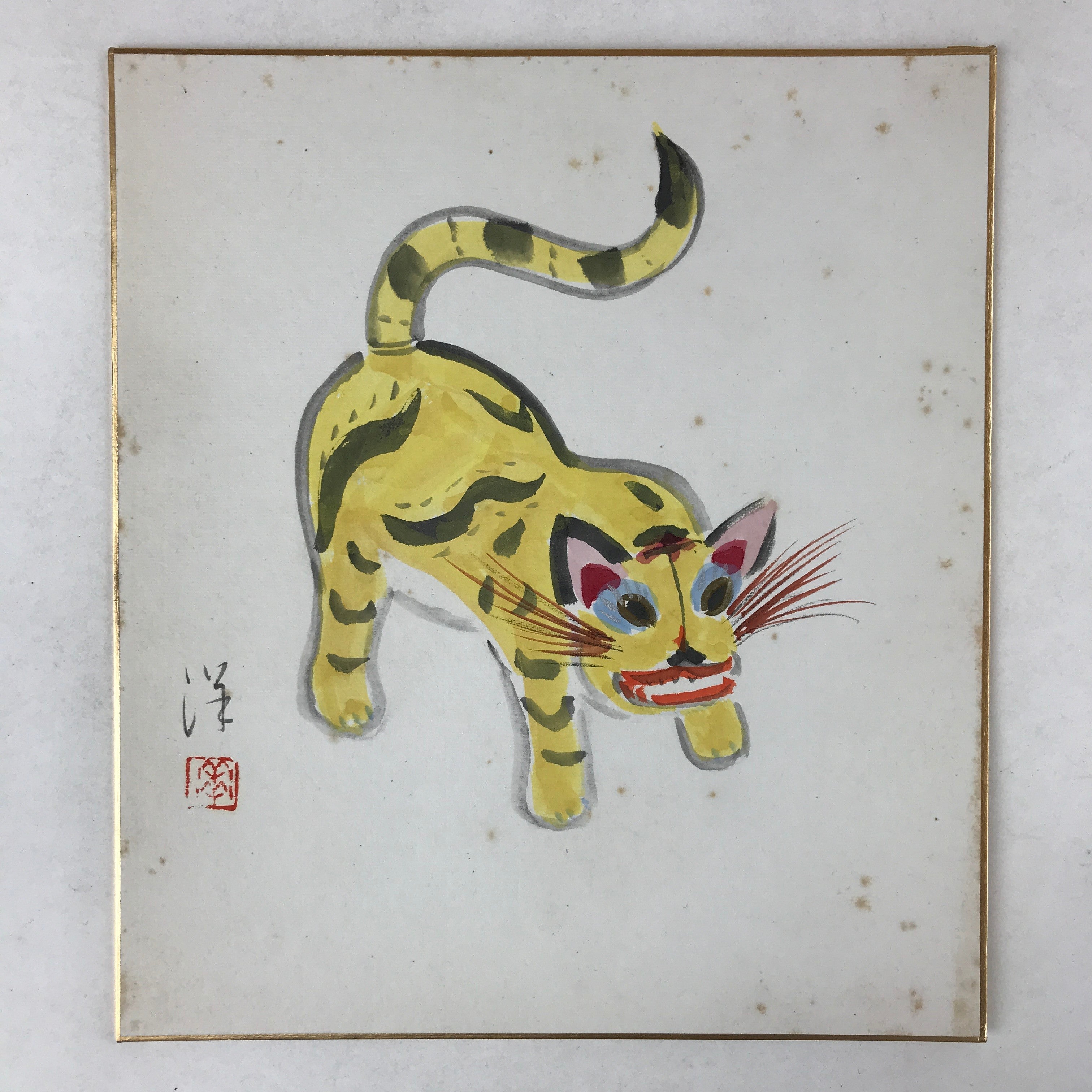Japanese Zodiac Shikishi Art Board Painting Yellow Tiger Blue Eyes Tail Up A603