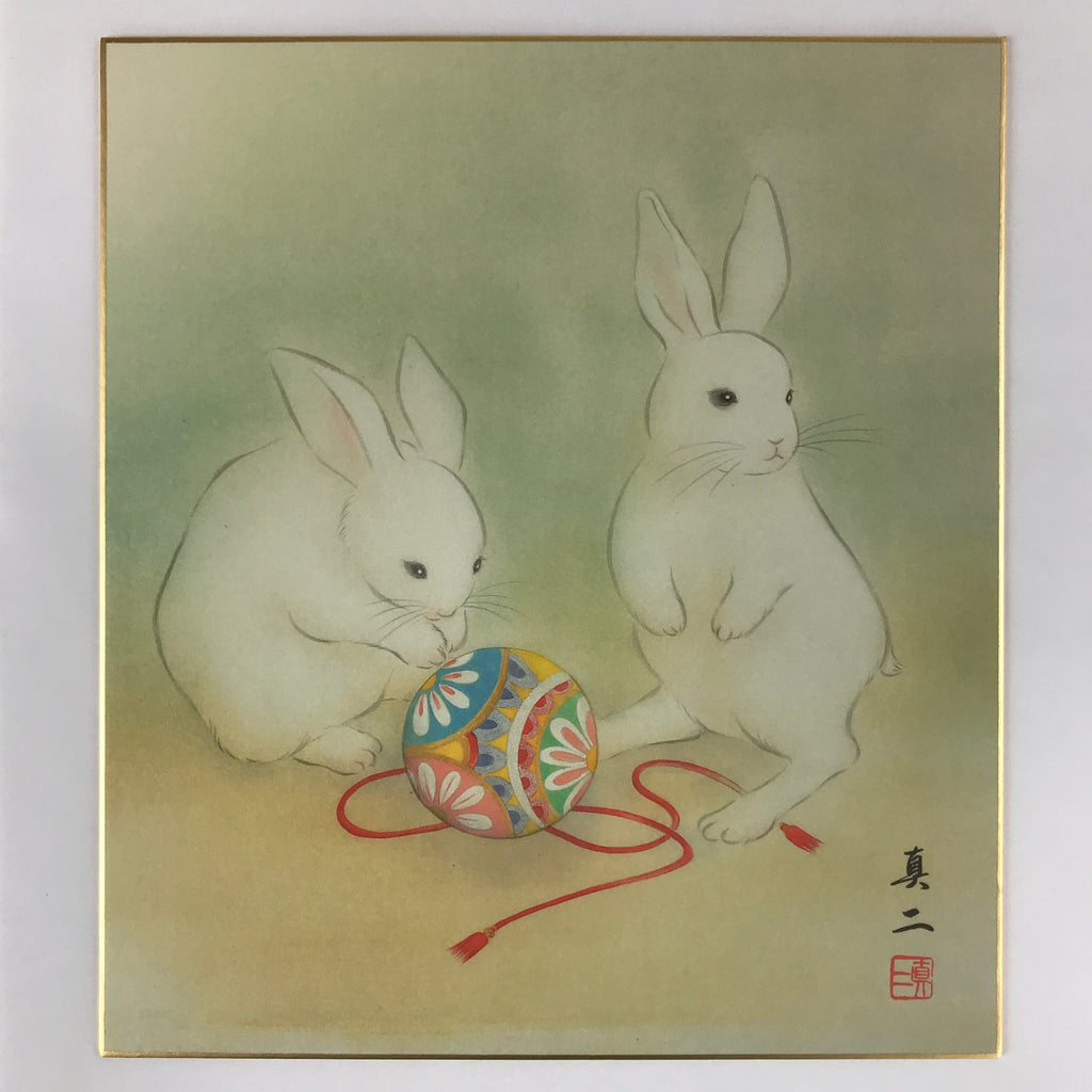 Japanese Zodiac Shikishi Art Board Reproduction Two Rabbits Temari Ball A612