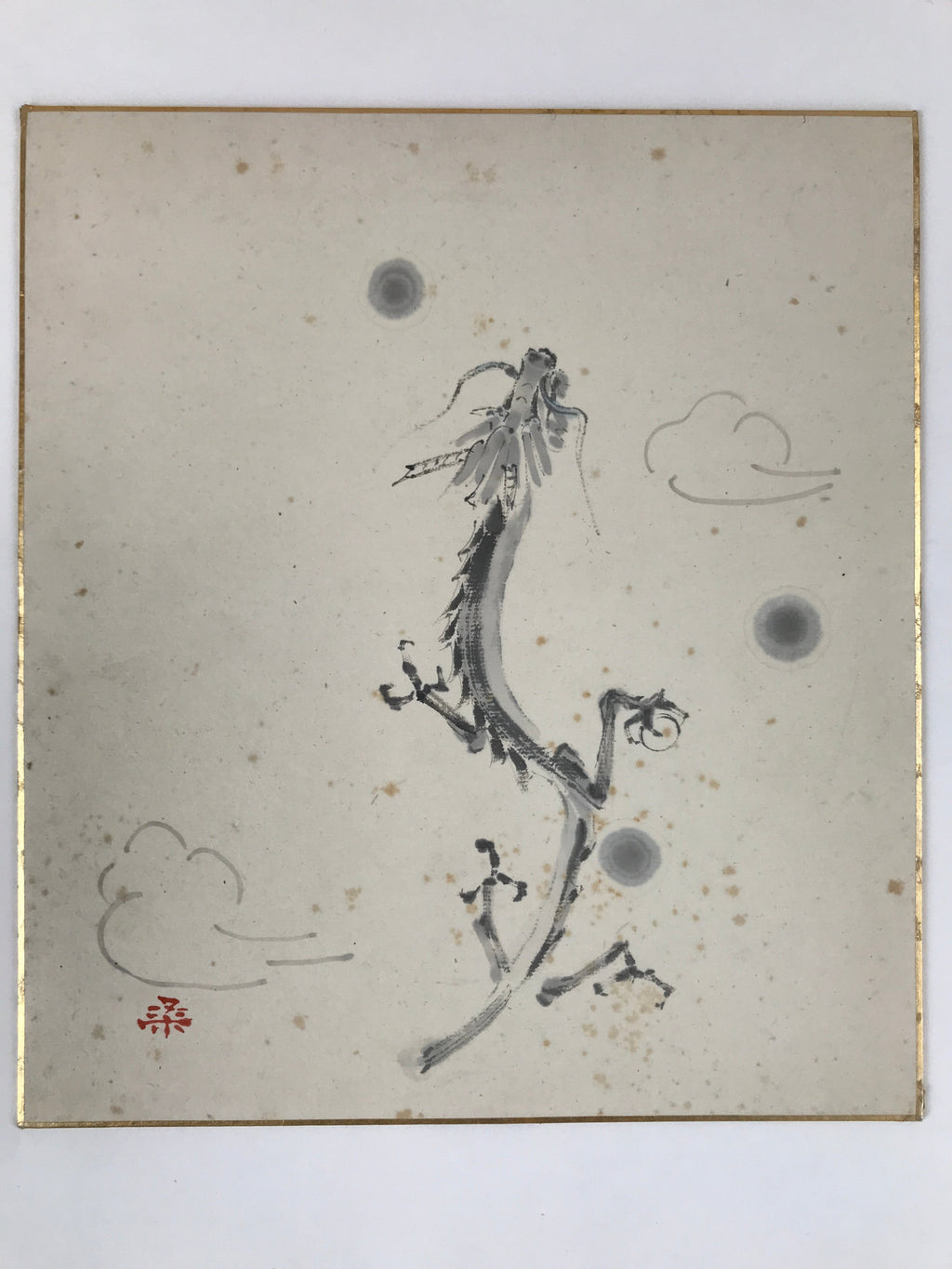 Japanese Zodiac Shikishi Art Board Vtg Flying Dragon Gray Monochrome A627
