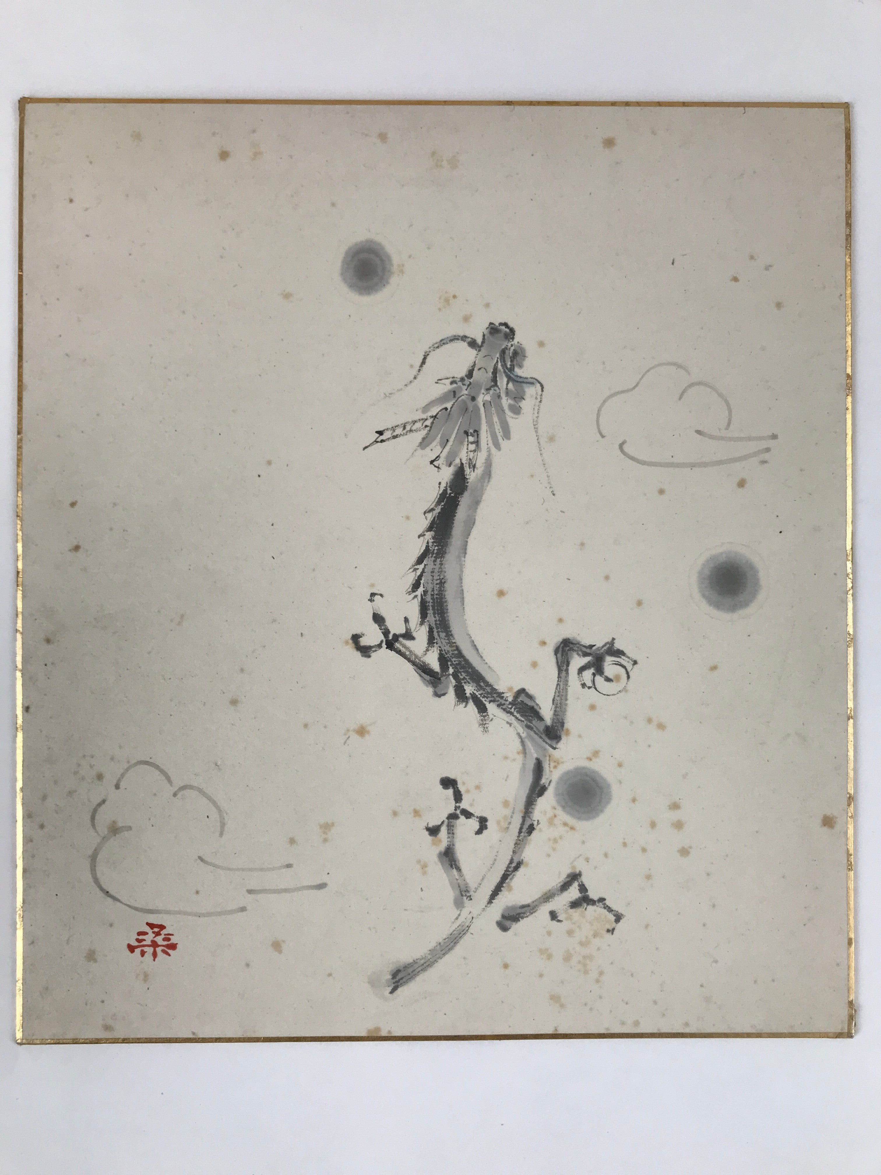 Japanese Zodiac Shikishi Art Board Vtg Flying Dragon Gray Monochrome A627