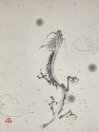 Japanese Zodiac Shikishi Art Board Vtg Flying Dragon Gray Monochrome A627