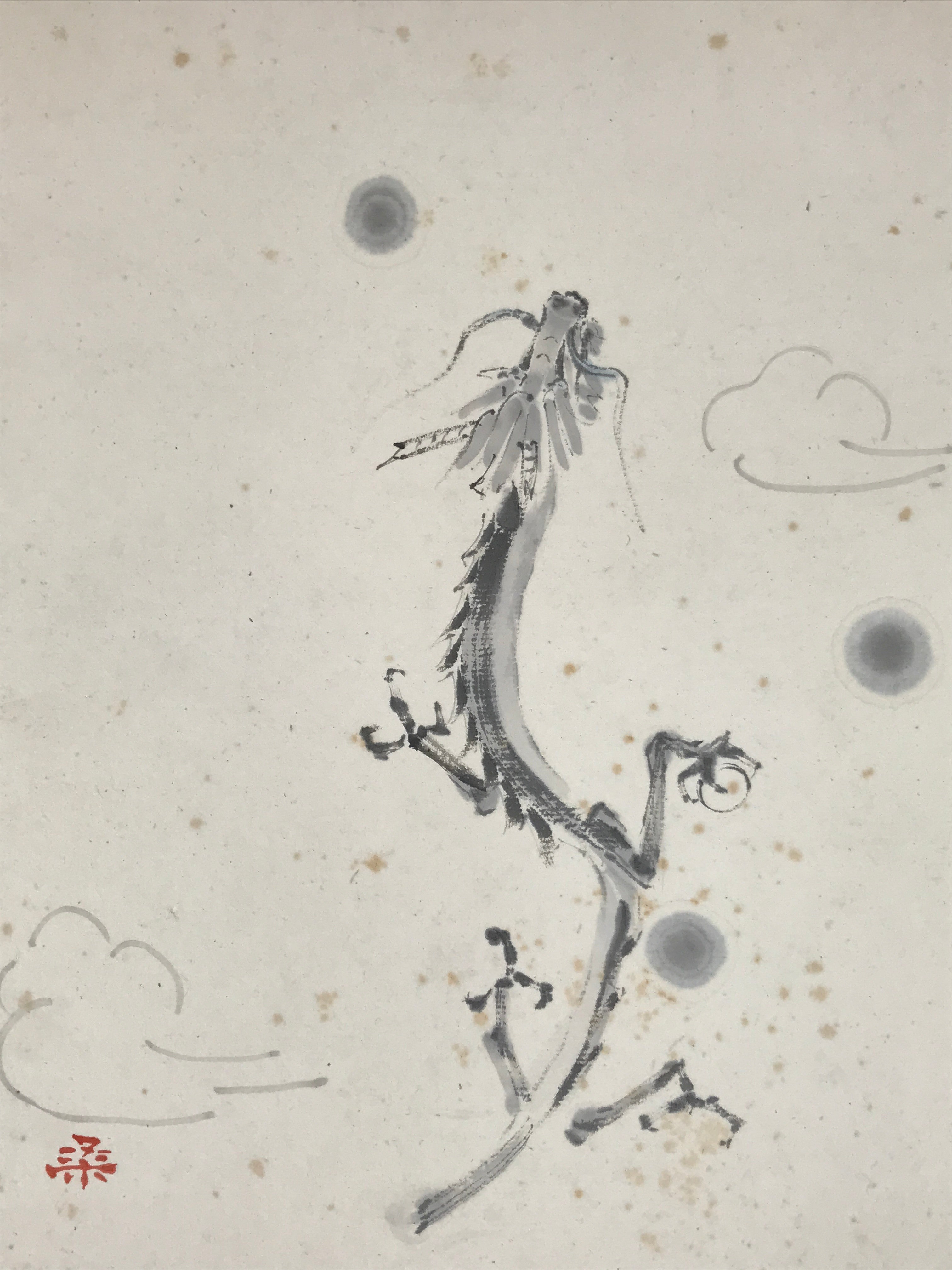Japanese Zodiac Shikishi Art Board Vtg Flying Dragon Gray Monochrome A627