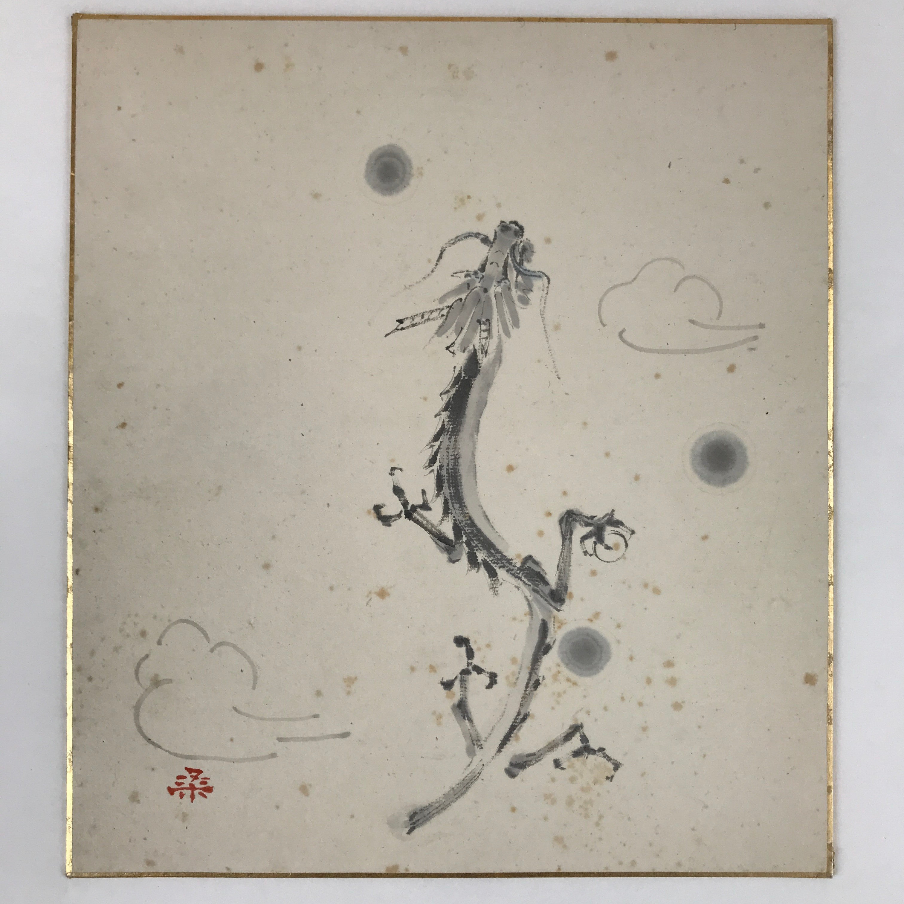 Japanese Zodiac Shikishi Art Board Vtg Flying Dragon Gray Monochrome A627
