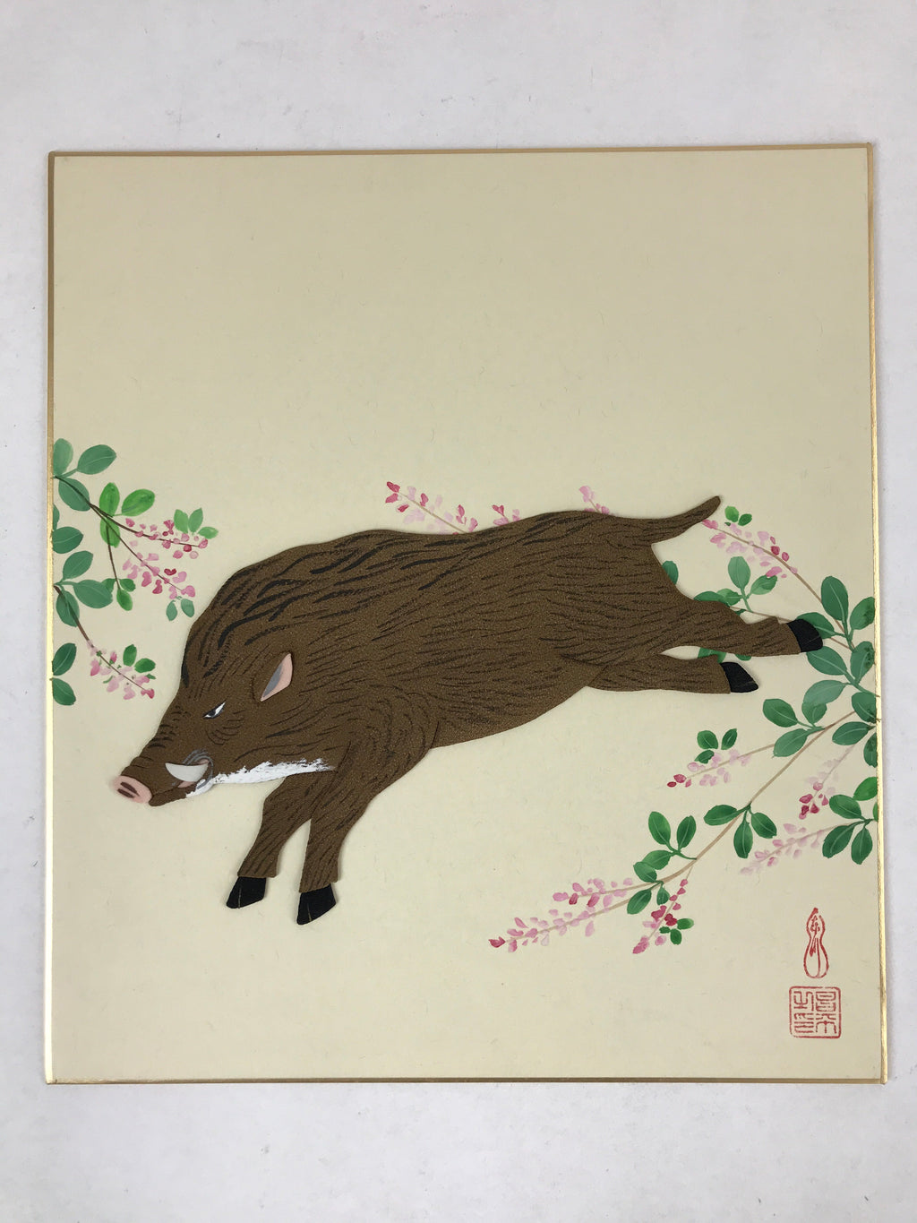 Japanese Zodiac Shikishi Art Board Vtg Oshie Zaiku Fabric Silk Craft Boar A569