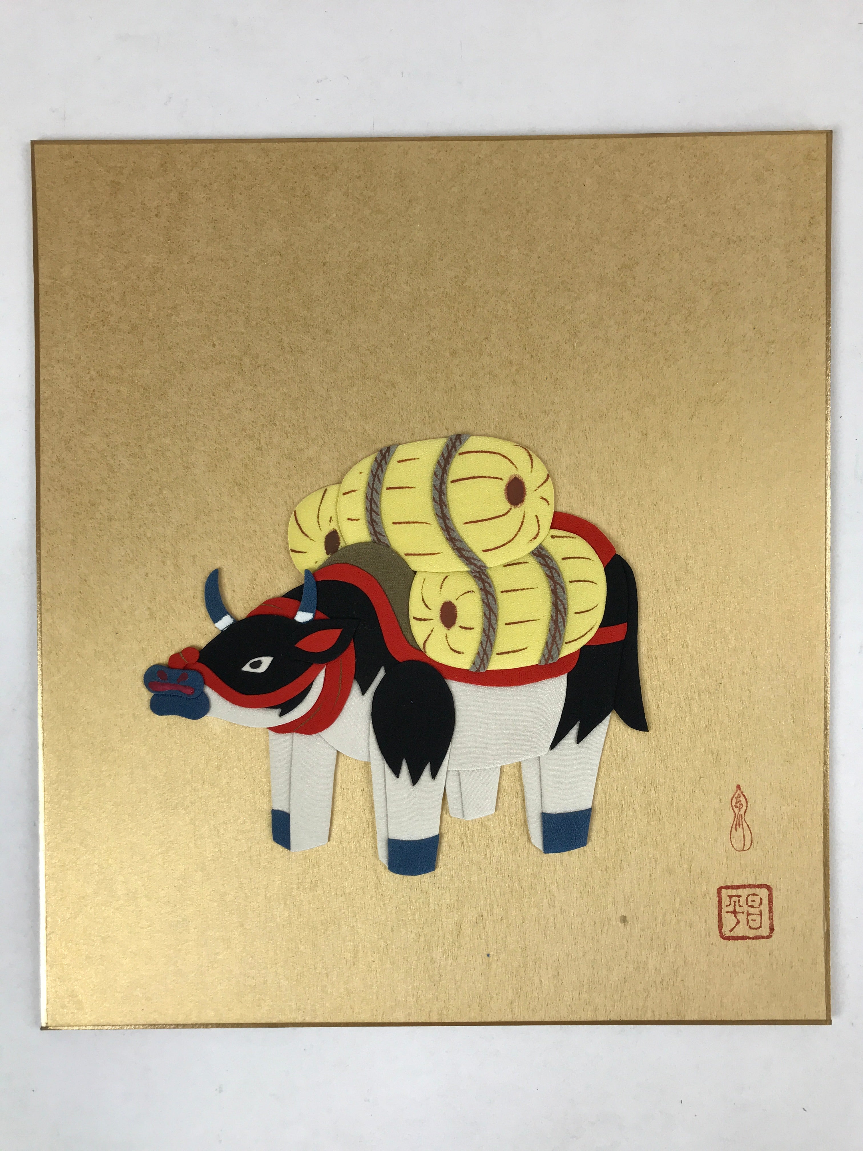 Japanese Zodiac Shikishi Art Board Vtg Oshie Zaiku Fabric Silk Craft Cow A570