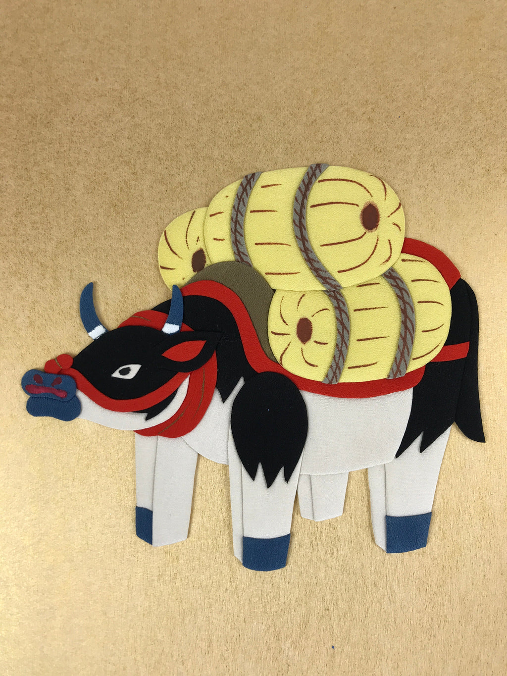 Japanese Zodiac Shikishi Art Board Vtg Oshie Zaiku Fabric Silk Craft Cow A570
