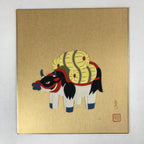Japanese Zodiac Shikishi Art Board Vtg Oshie Zaiku Fabric Silk Craft Cow A570