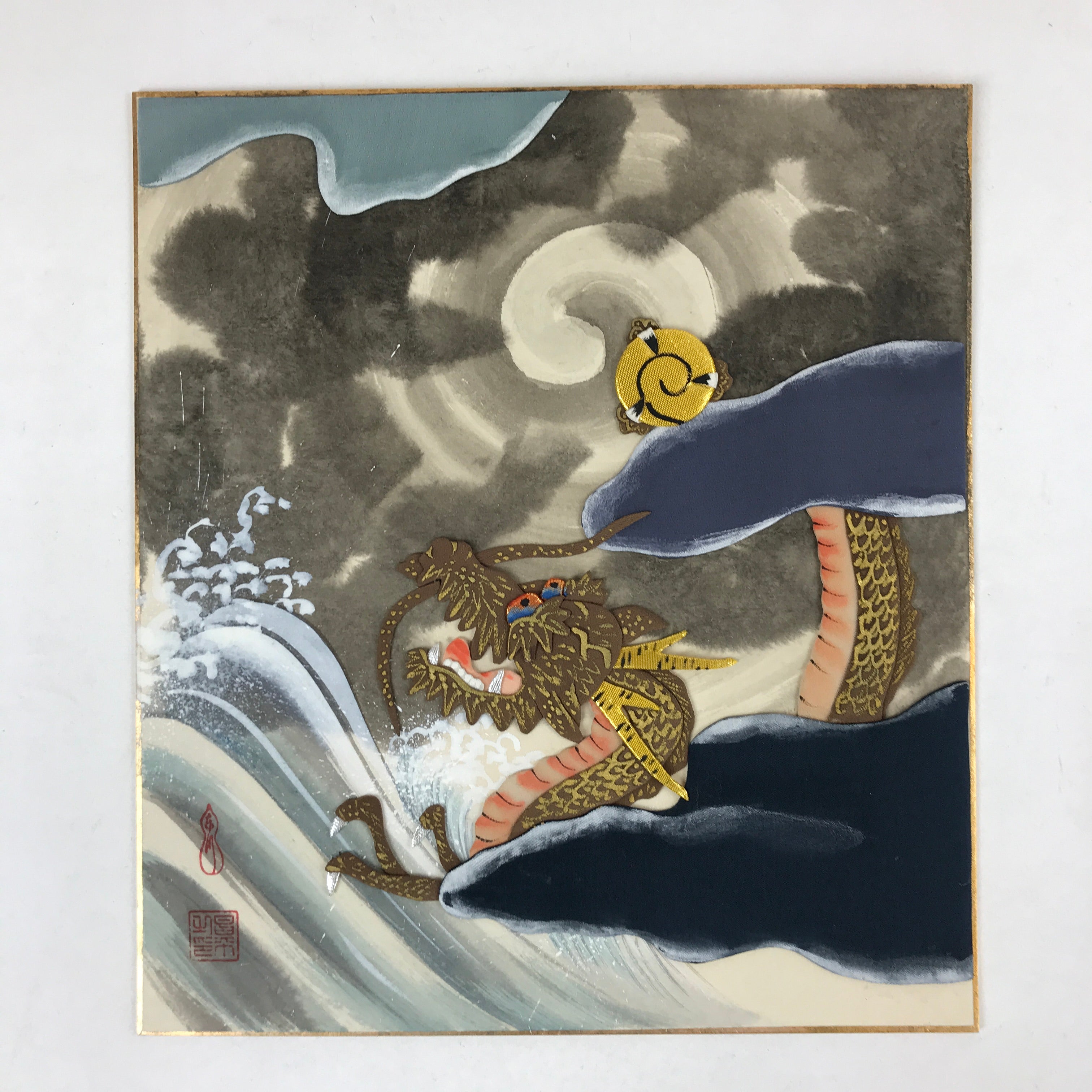 Japanese Zodiac Shikishi Art Board Vtg Oshie Zaiku Fabric Silk Craft Dragon A565