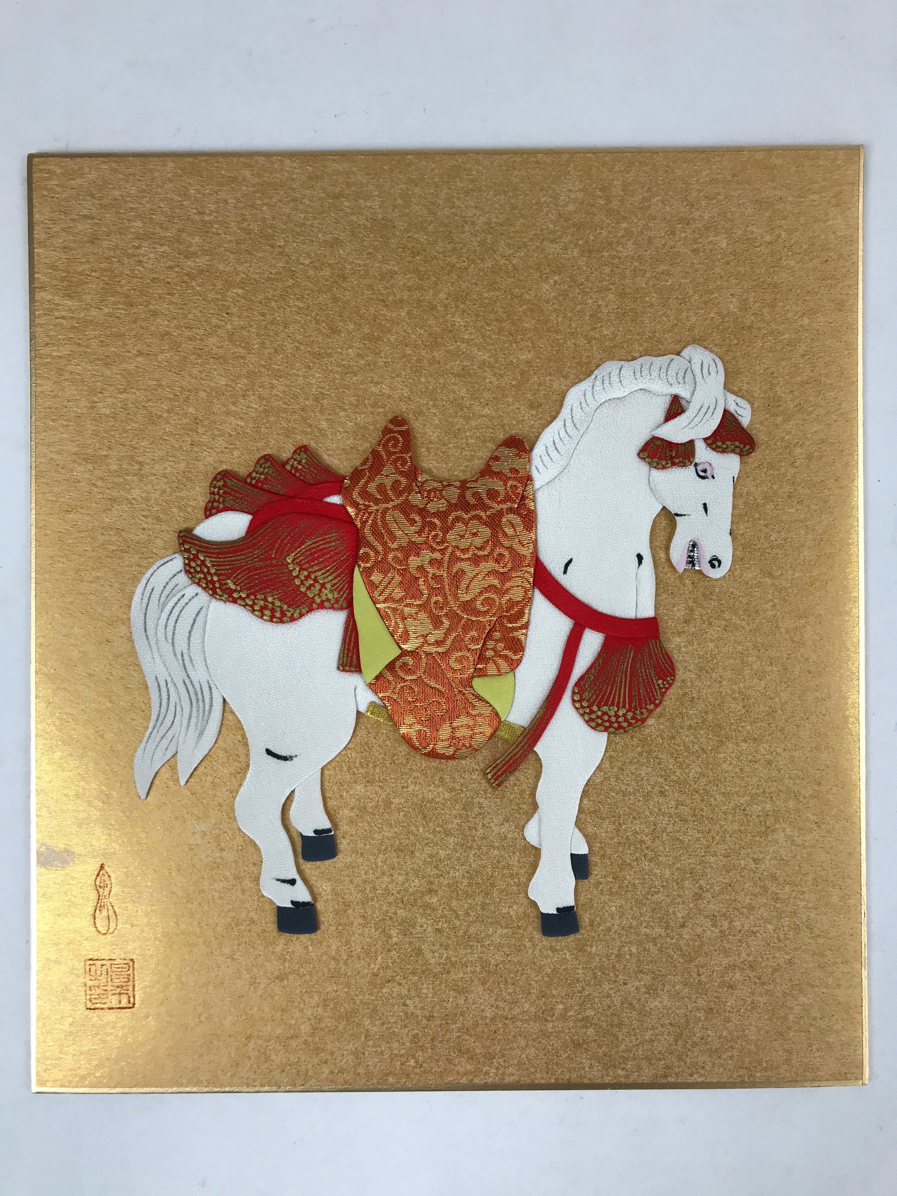 Japanese Zodiac Shikishi Art Board Vtg Oshie Zaiku Fabric Silk Craft Horse A572