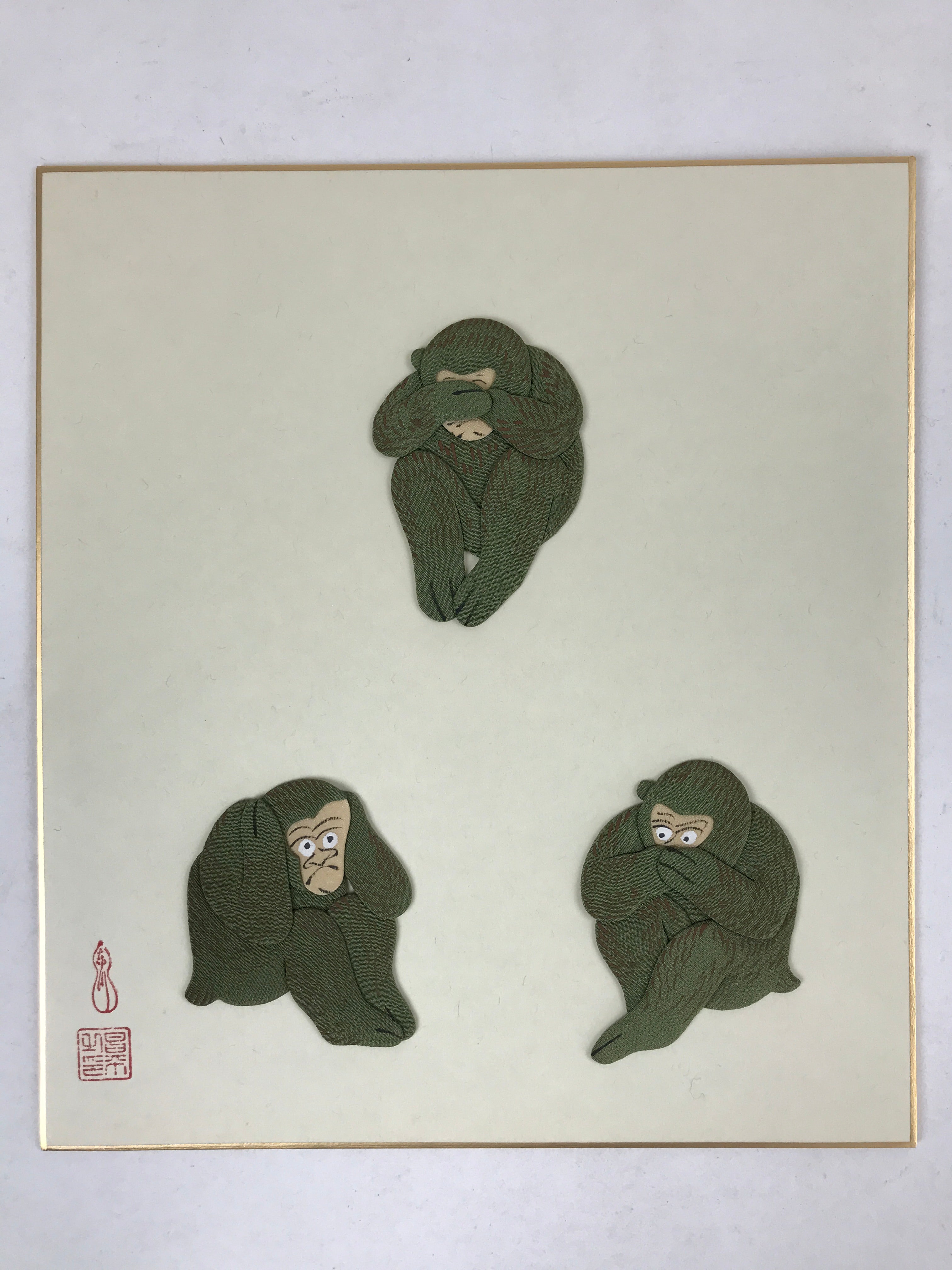 Japanese Zodiac Shikishi Art Board Vtg Oshie Zaiku Fabric Silk Craft Monkey A566