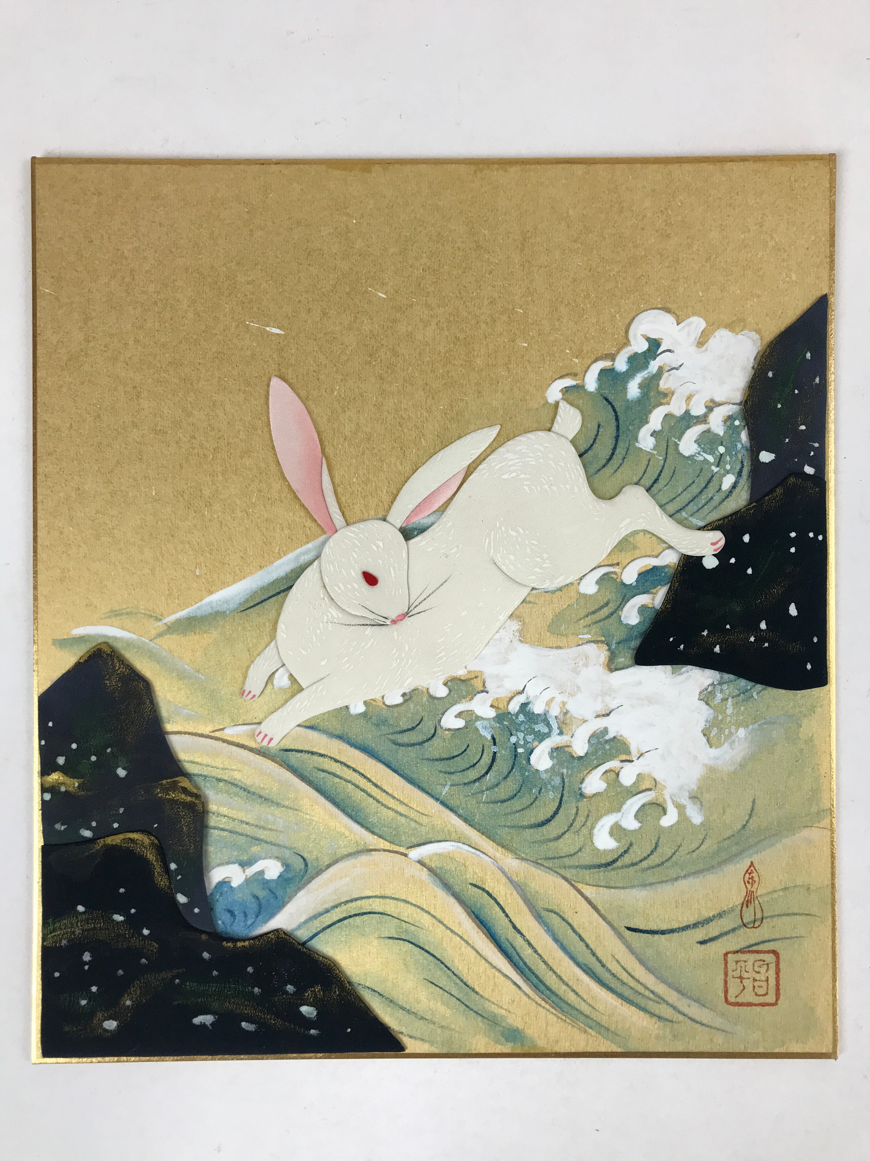Japanese Zodiac Shikishi Art Board Vtg Oshie Zaiku Fabric Silk Craft Rabbit A571