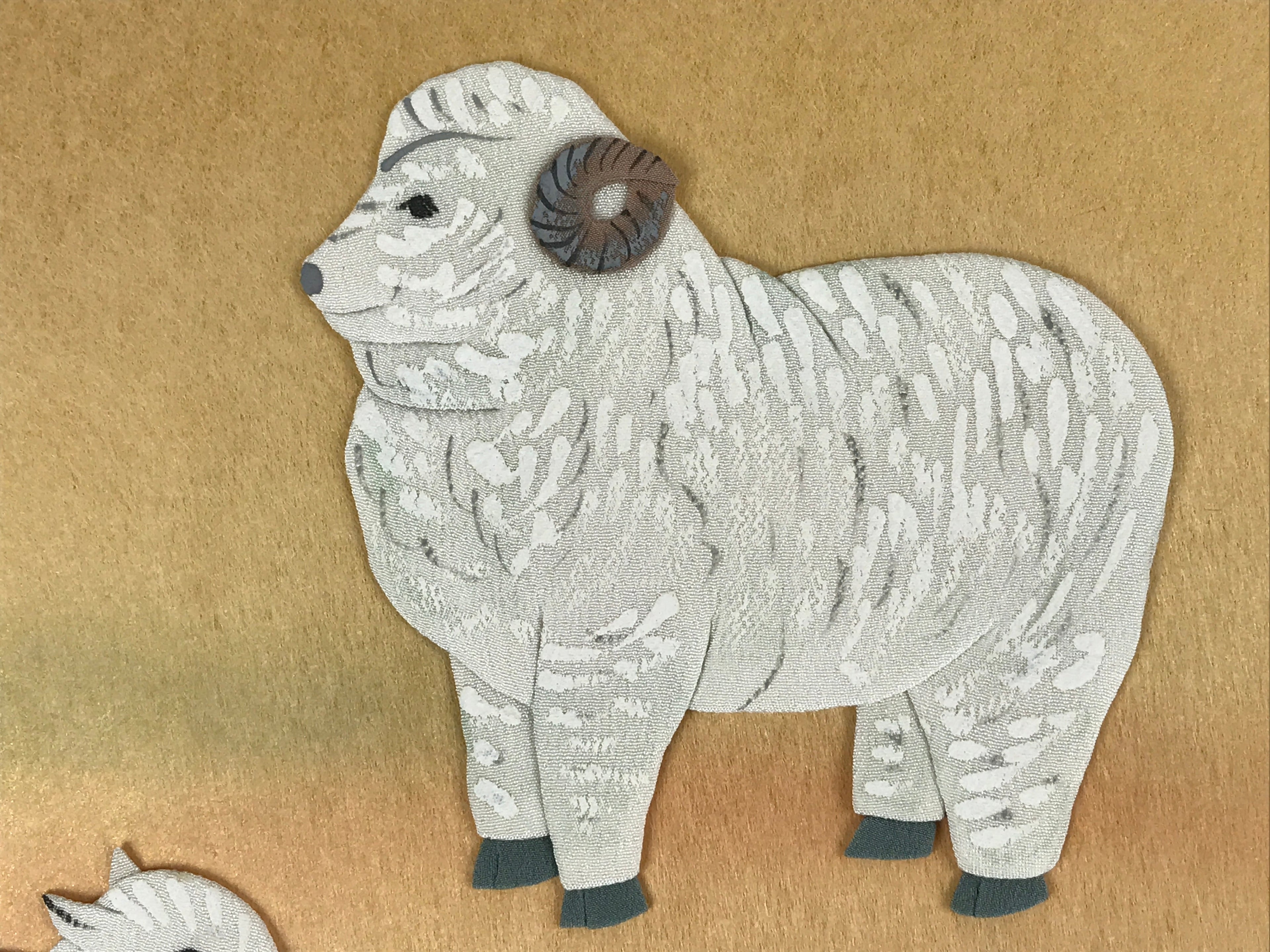 Japanese Zodiac Shikishi Art Board Vtg Oshie Zaiku Fabric Silk Craft Sheep A562