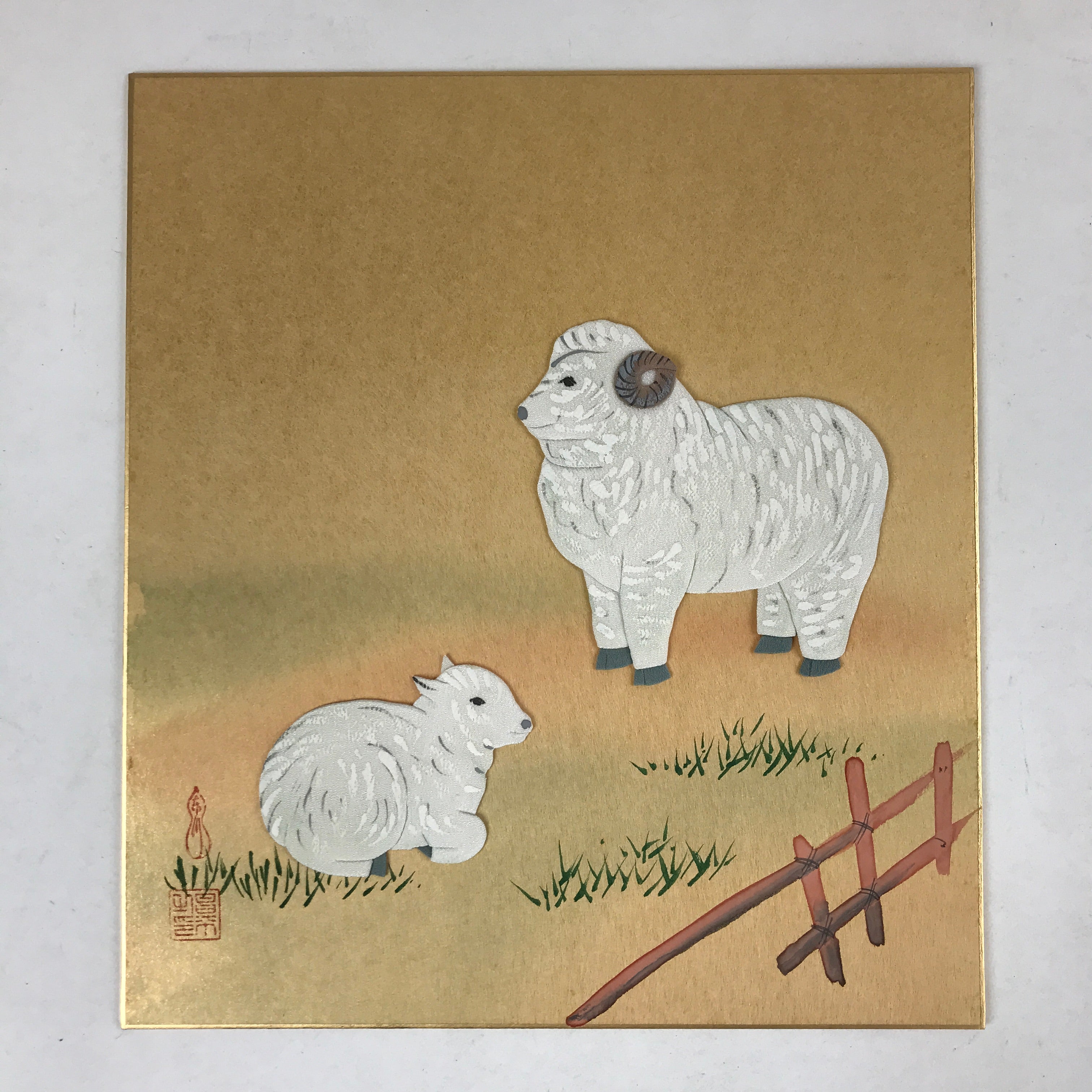 Japanese Zodiac Shikishi Art Board Vtg Oshie Zaiku Fabric Silk