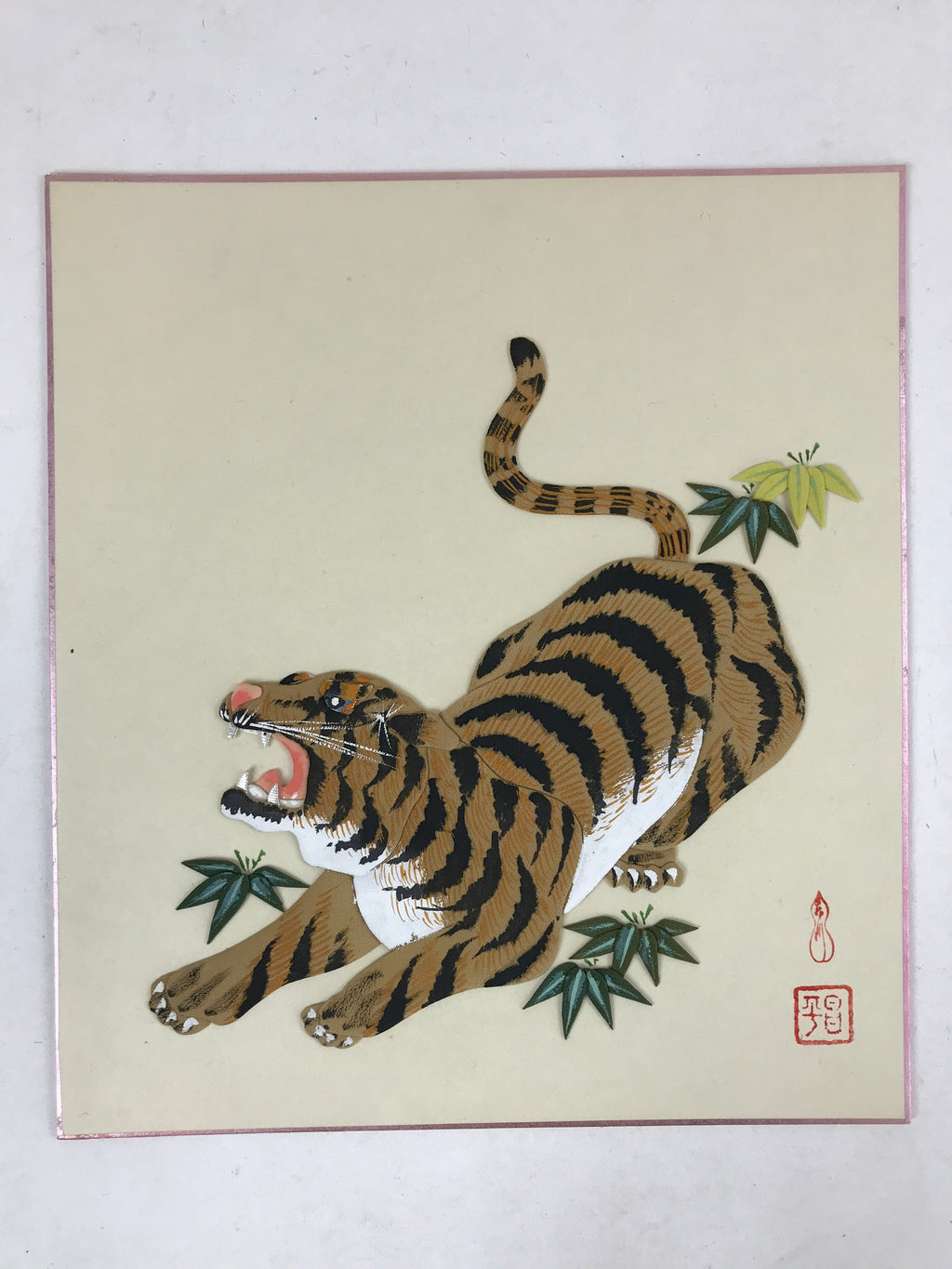 Japanese Zodiac Shikishi Art Board Vtg Oshie Zaiku Fabric Silk Craft Tiger A563