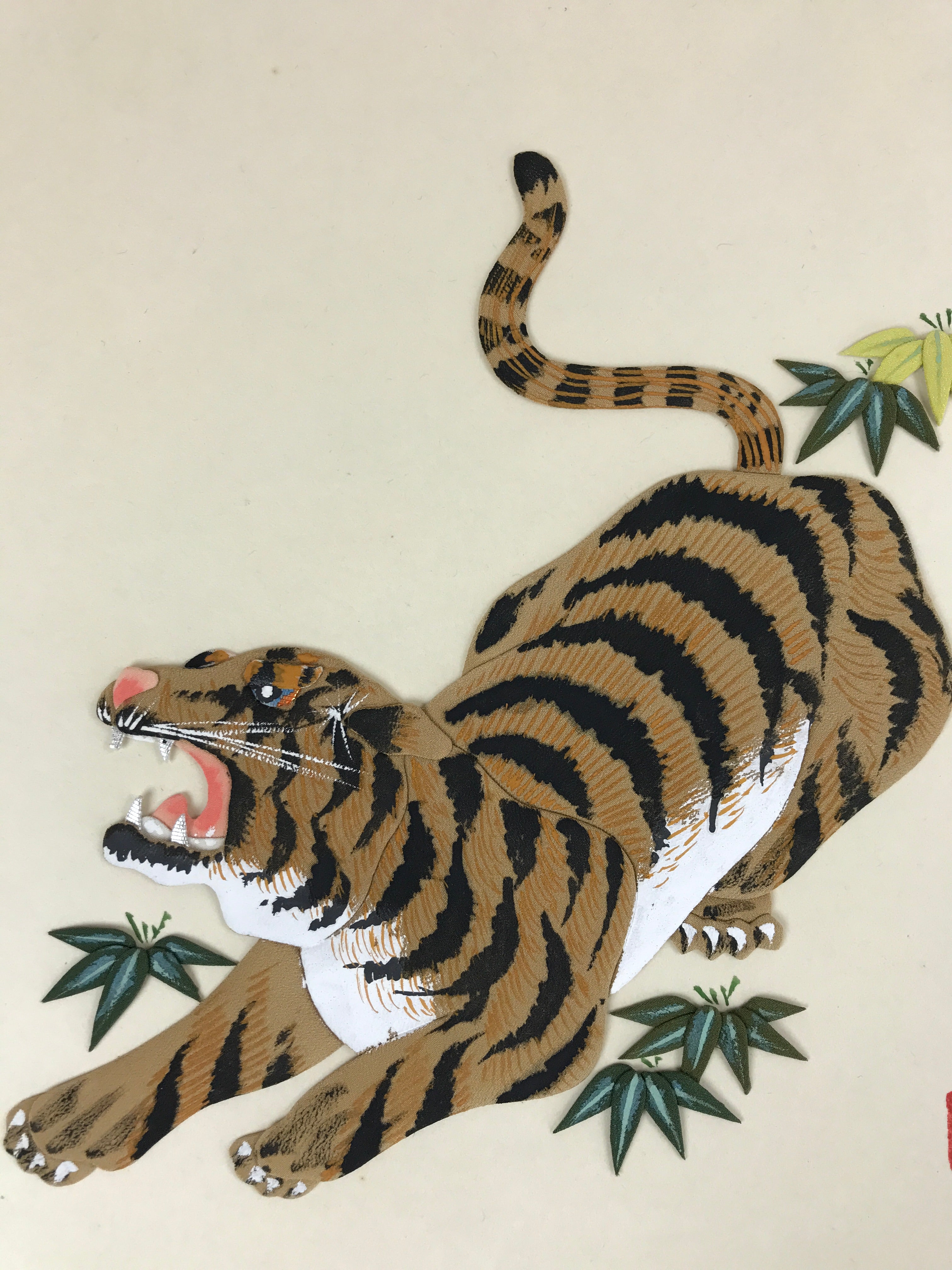 Japanese Zodiac Shikishi Art Board Vtg Oshie Zaiku Fabric Silk Craft Tiger A563