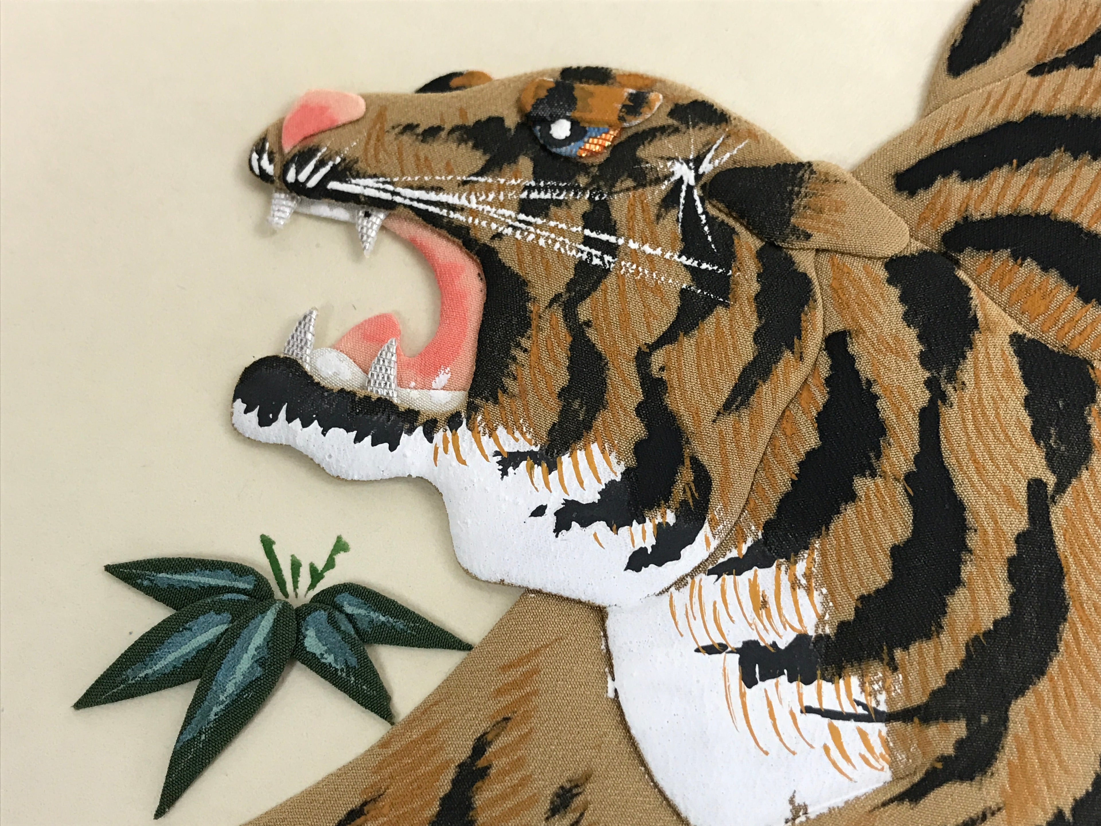 Japanese Zodiac Shikishi Art Board Vtg Oshie Zaiku Fabric Silk Craft Tiger A563