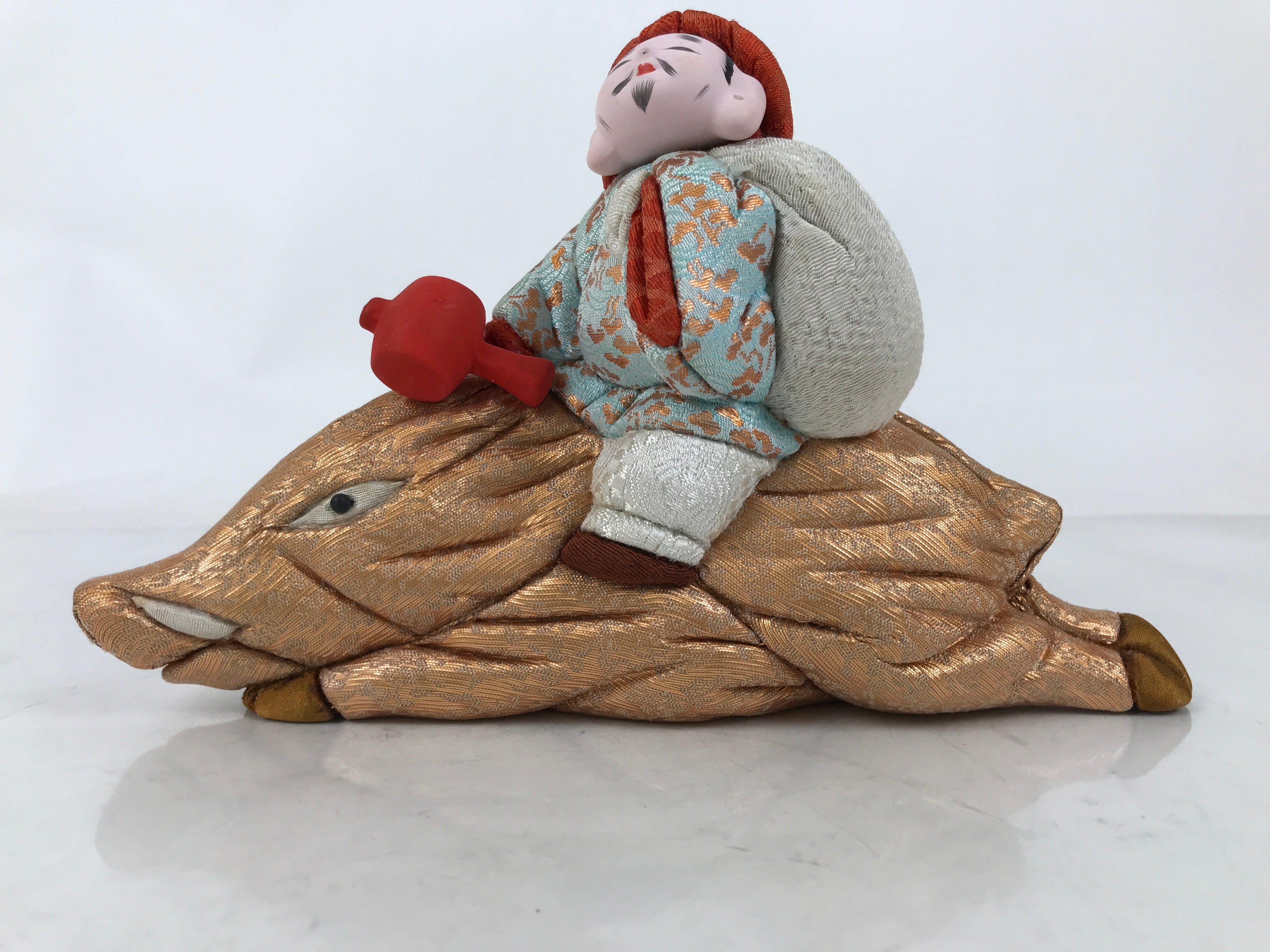 Japanese Zodiac Silk Fabric Boar Doll Vtg Kimekomi Ningyo Animal Daikokuten ST36