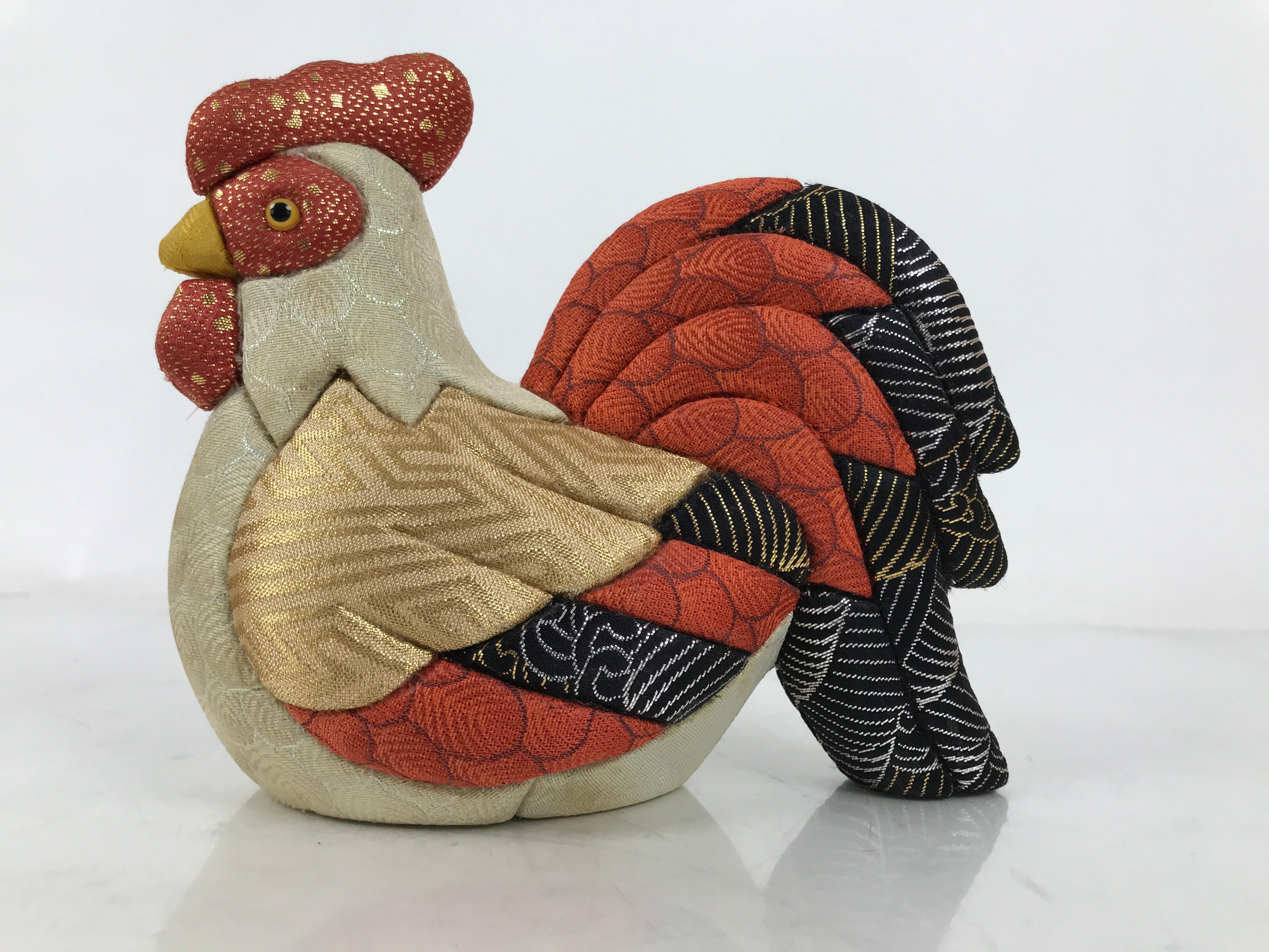 Japanese Zodiac Silk Fabric Rooster Doll Vtg Kimekomi Ningyo Animal w/Stand ST34