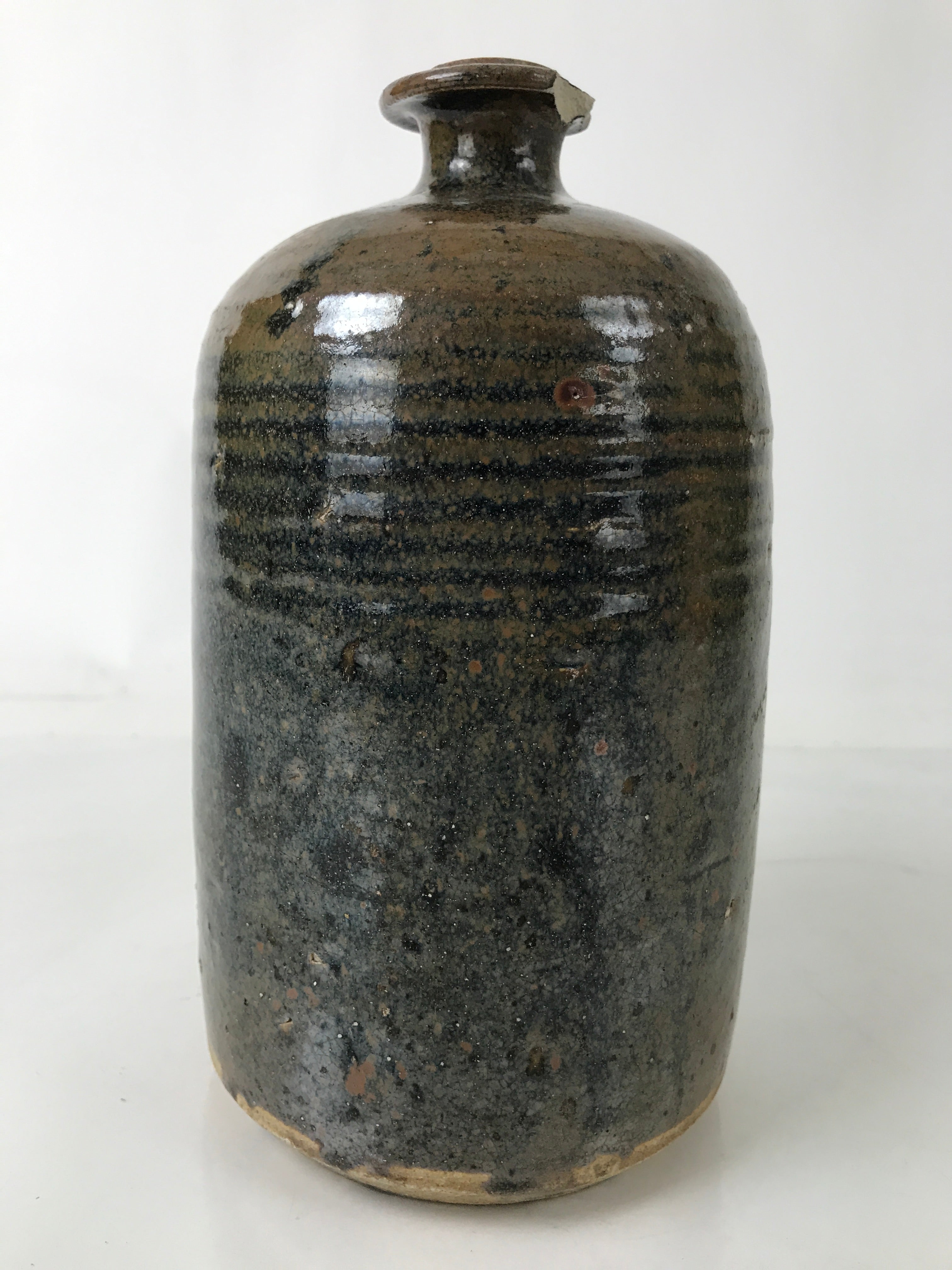Japanese Ceramic Sake Bottle Kayoi-Tokkuri Vtg Glossy Black Brown TS776