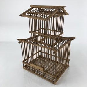 Japanese Handcrafted Bamboo Birdcage Torikago Vtg Two Tier Slide Door Brown B236