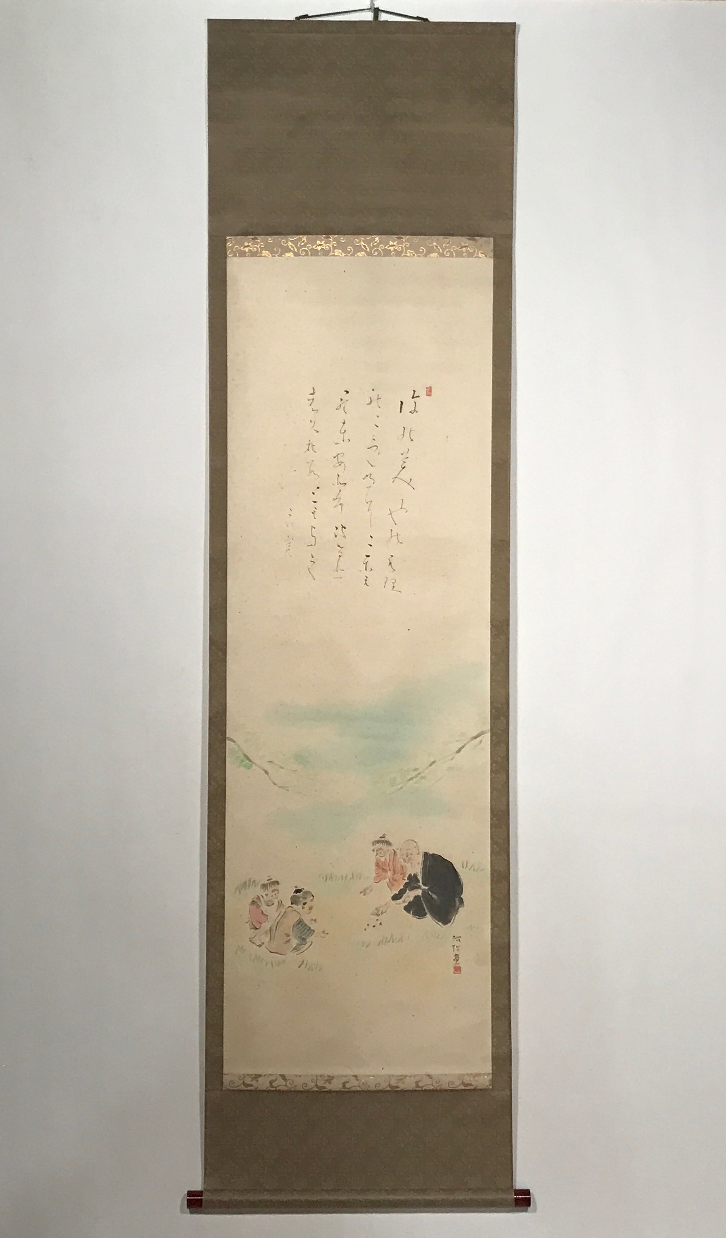Japanese Hanging Scroll Elderly People Kids Playing Calligraphy Poem KJ15