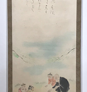 Japanese Hanging Scroll Elderly People Kids Playing Calligraphy Poem KJ15